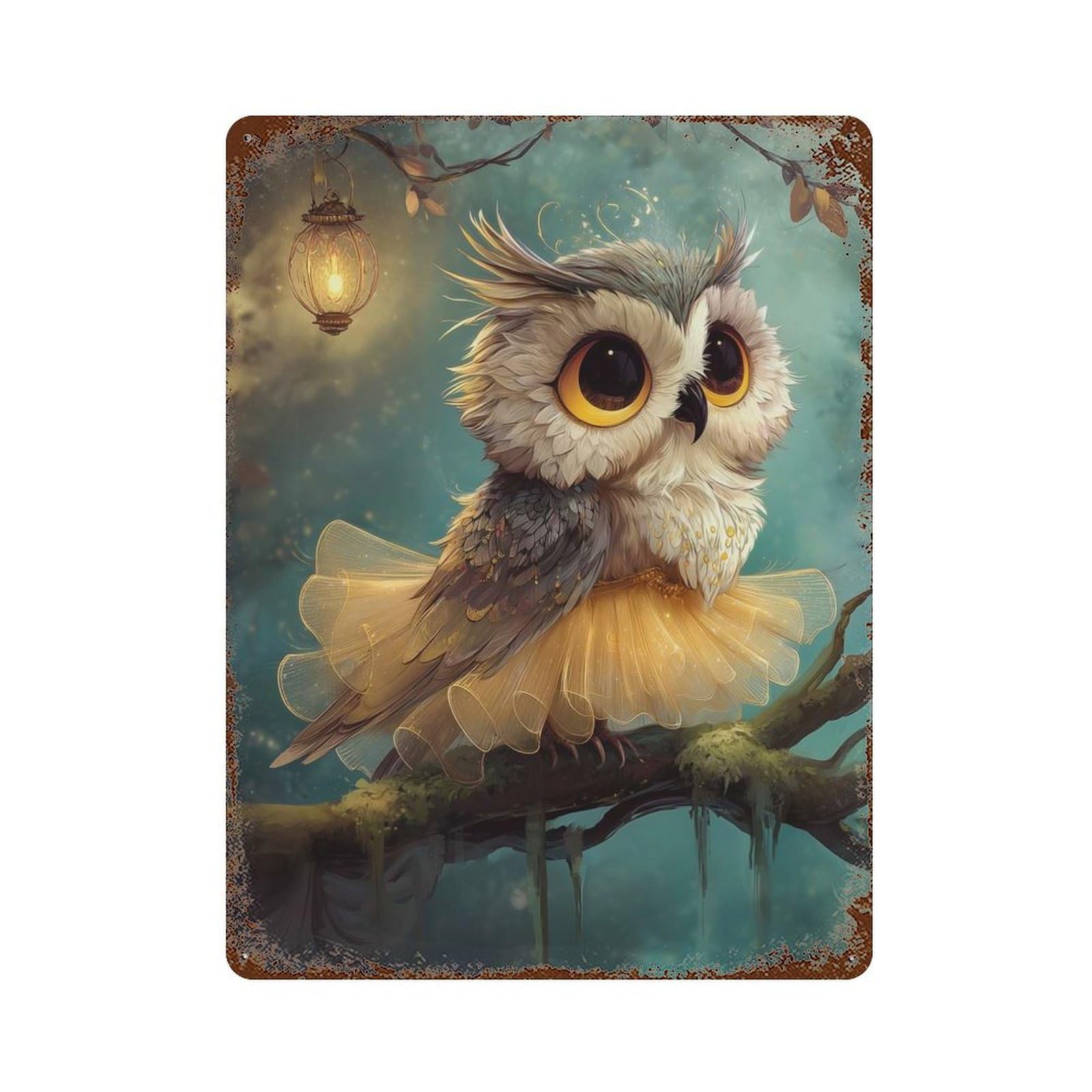 Cute Owl in Tutu on Branch Rusty Metal Tin Sign 15.7"x11.8", Rustic Home Decor for Living Room, Hallway And Home Decor