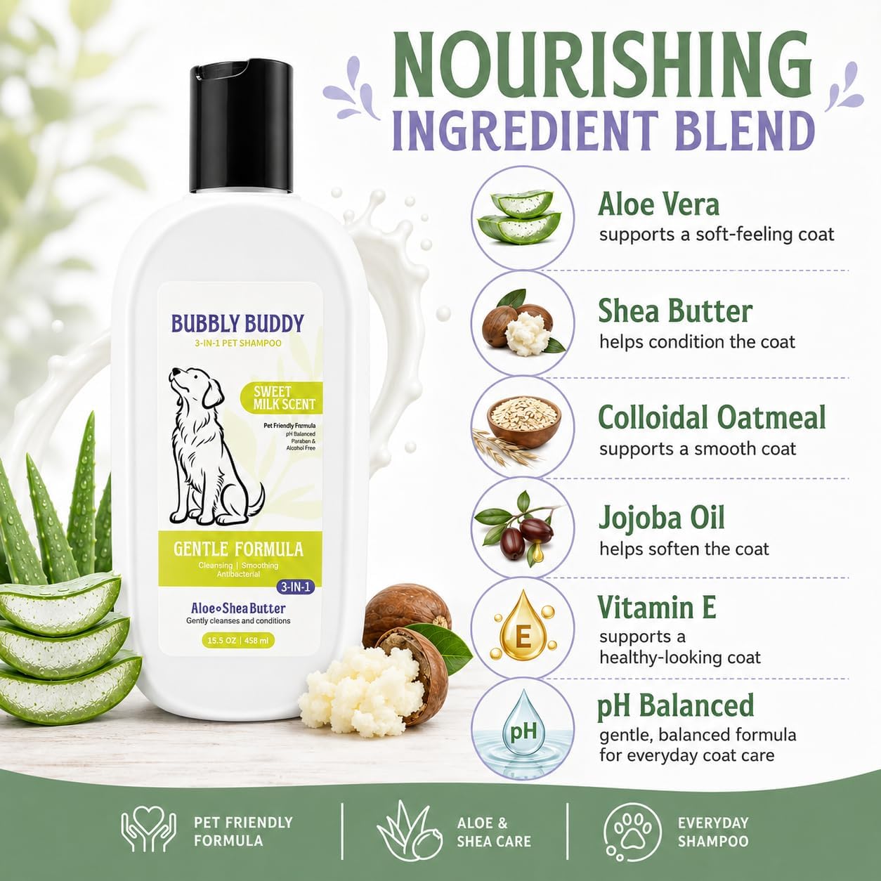 3-in-1 Pet Shampoo for Dogs, Sweet Milk Scent Dog Shampoo and Conditioner with Aloe,Shea Butter,Colloidal Oatmeal,Jojoba Oil & Vitamin E, pH Balanced Cleansing, Smoothing & Antibacterial Care, 15.5 oz image 5
