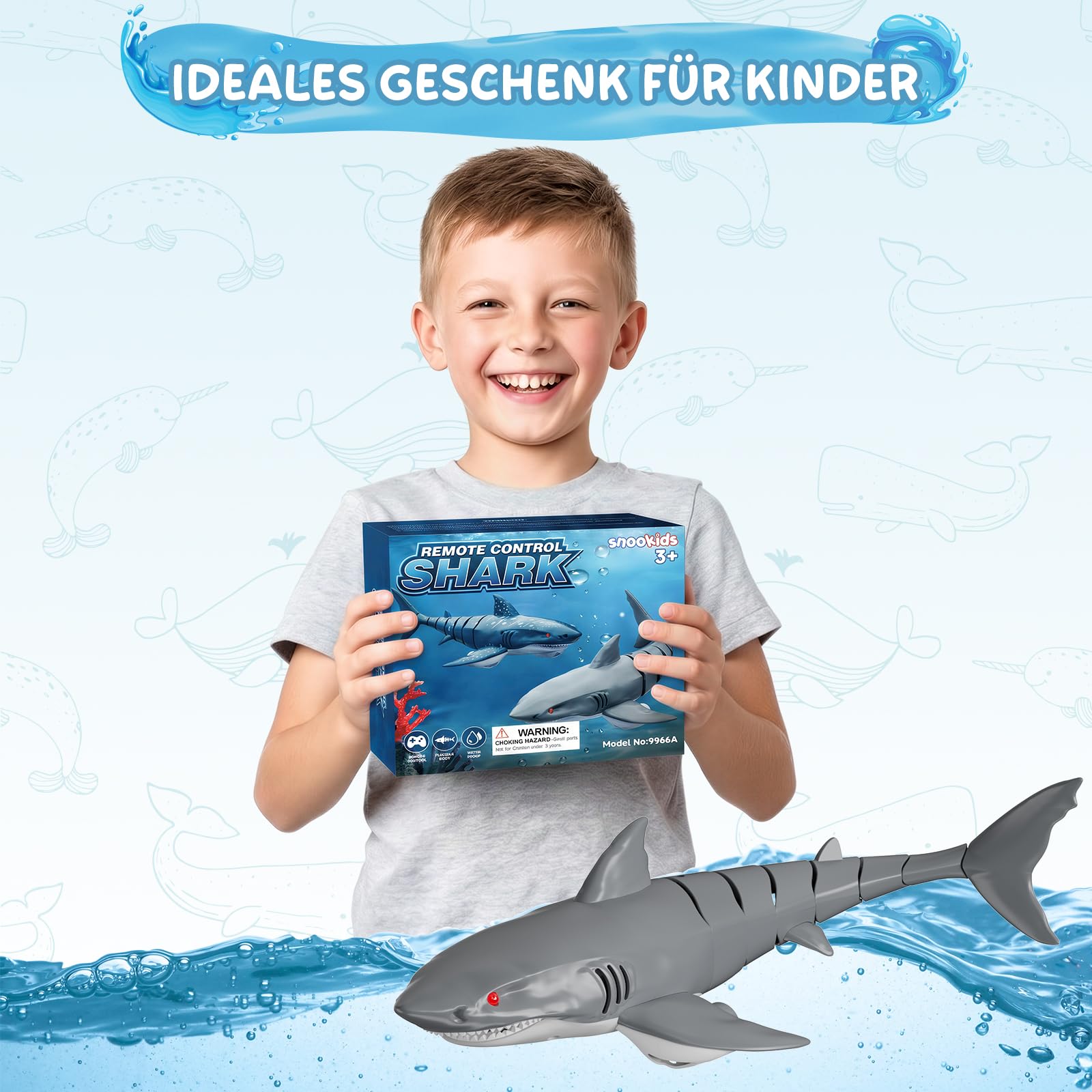snookids Ferngesteuerter Hai-Spielzeug - 2.4GHz Ferngesteuertes Boot Simulation Hai, USB Aufladbar Shark Spielzeug Pool Wasserspielzeug mit Licht- und Automatischer EIN, Geschenk für Jungen Mädchen