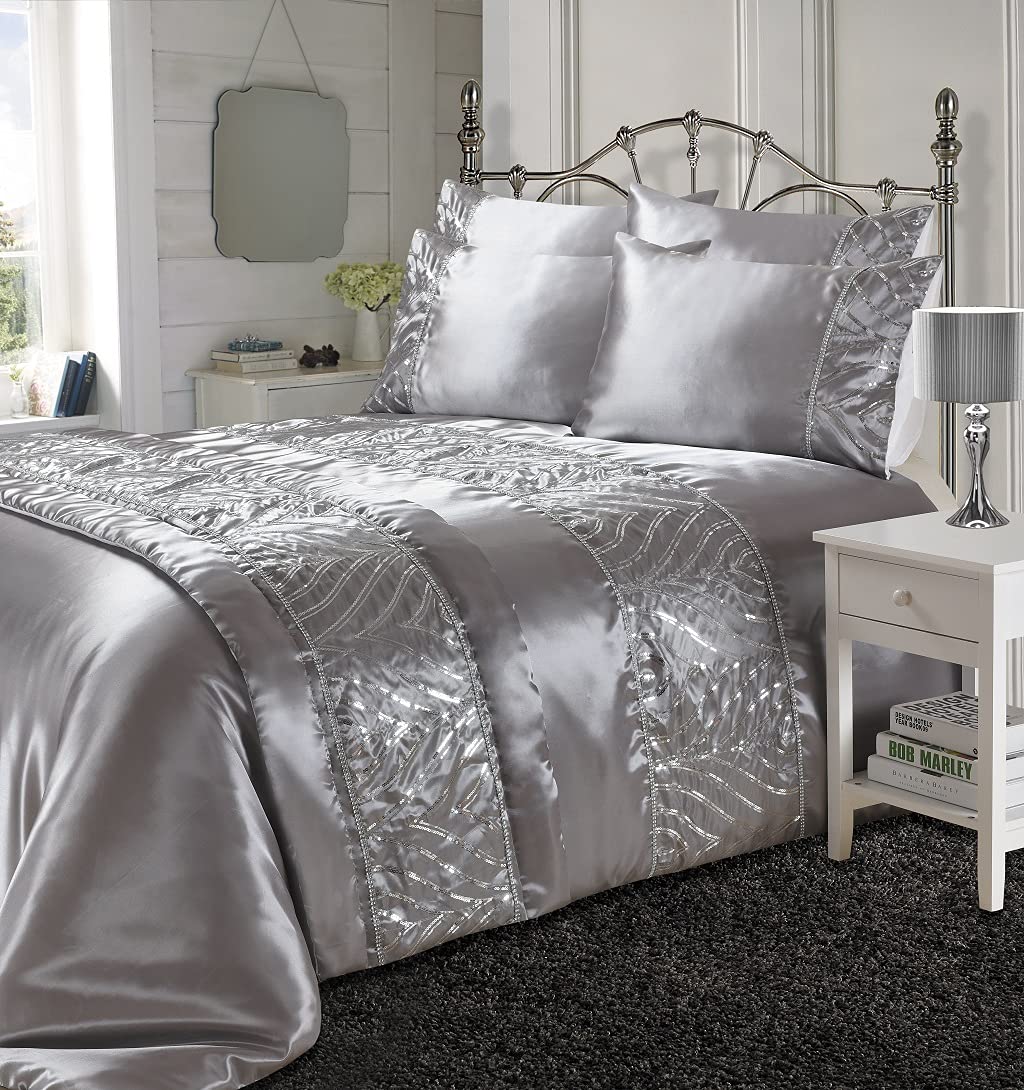 Diamante Embroidered Duvet Set Luxurious Sparkle Duvet Cover Sets Shimmer Seqiun Quilt Cover Bedding Set With Matching Pillowcases (Silver, Double)