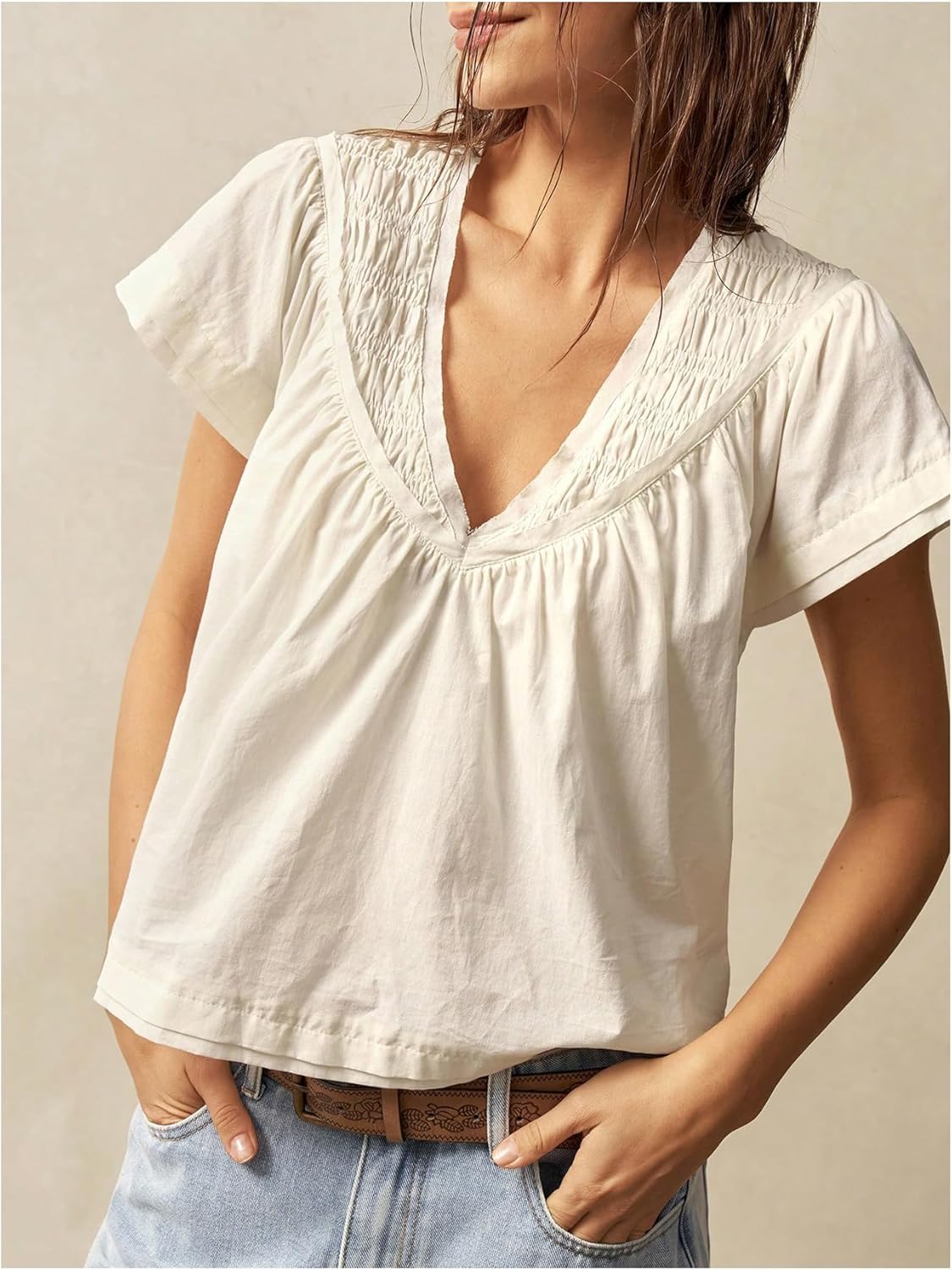 SOLY HUX Women's V Neck Short Sleeve Blouse Summer Boho Loose Shirts Crop Tops Aesthetic Clothes - Image 4