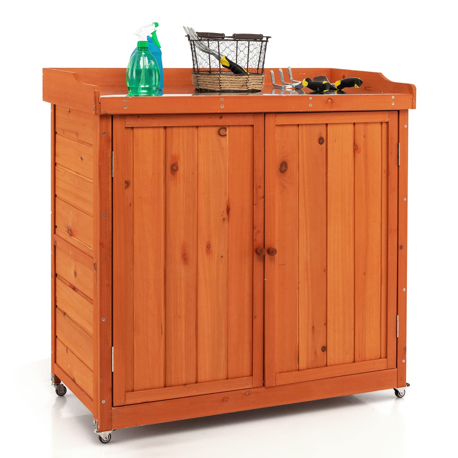 FANTASK Gartenschrank mit herausnehmbarem Regal, Holz Lagerschrank auf Rollen, Stahl-Platte, 98,5x48x100cm