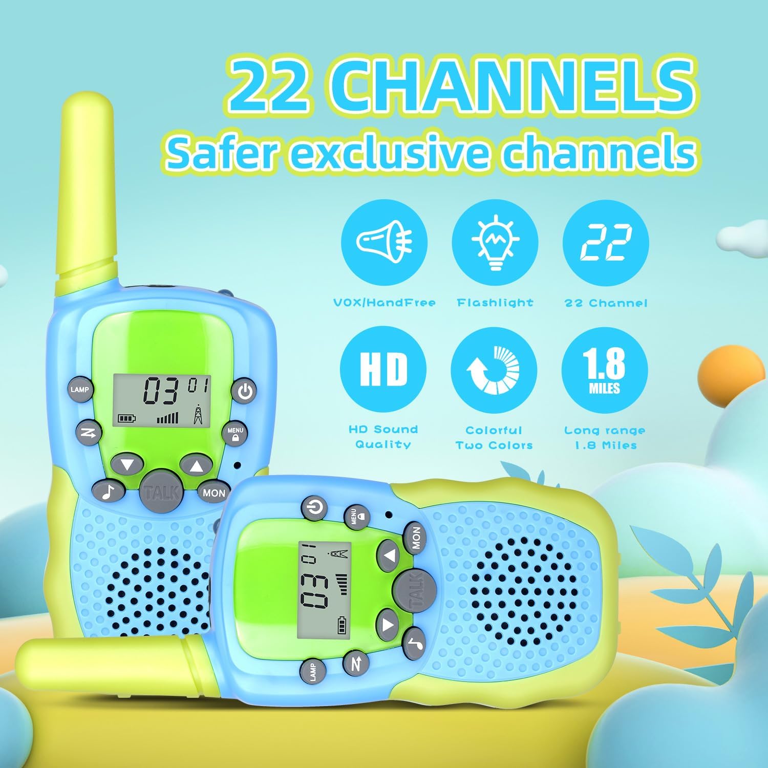 Walkie Talkies for Kids 22 Channels 2 Way Radio Toy Long Range for 3-12 Year Old Boys Girls with Backlit LCD Flashlight Outside Camping Hiking Christmas Birthday Gifts Toys (2 Pack Pinkred Bluegreen)