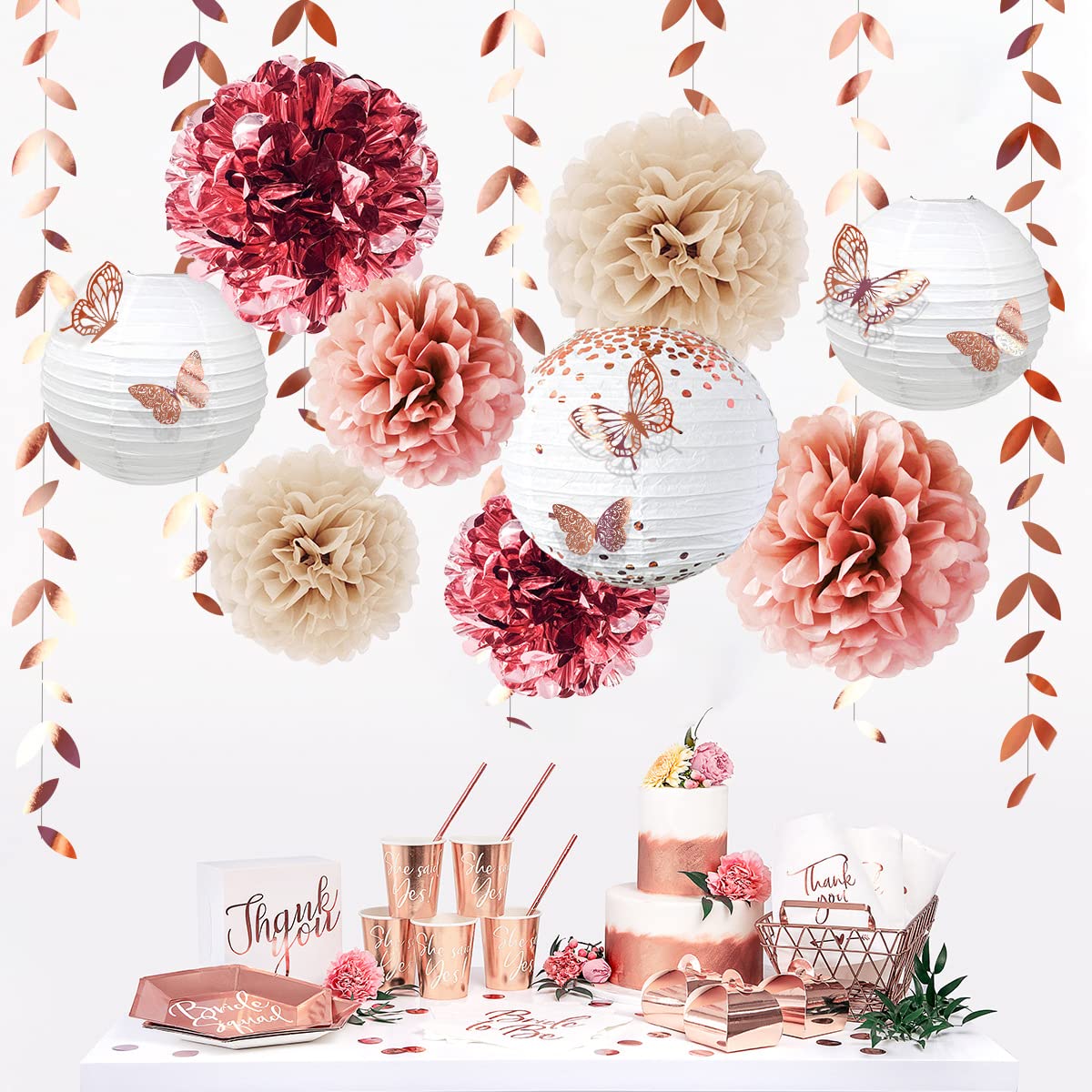 Kit di decorazioni per feste in oro rosa, 18 pezzi, per appendere ventagli di carta, lanterne con pompon e fiori con farfalle in 3D, per compleanni, matrimoni, fidanzamenti, feste a tema