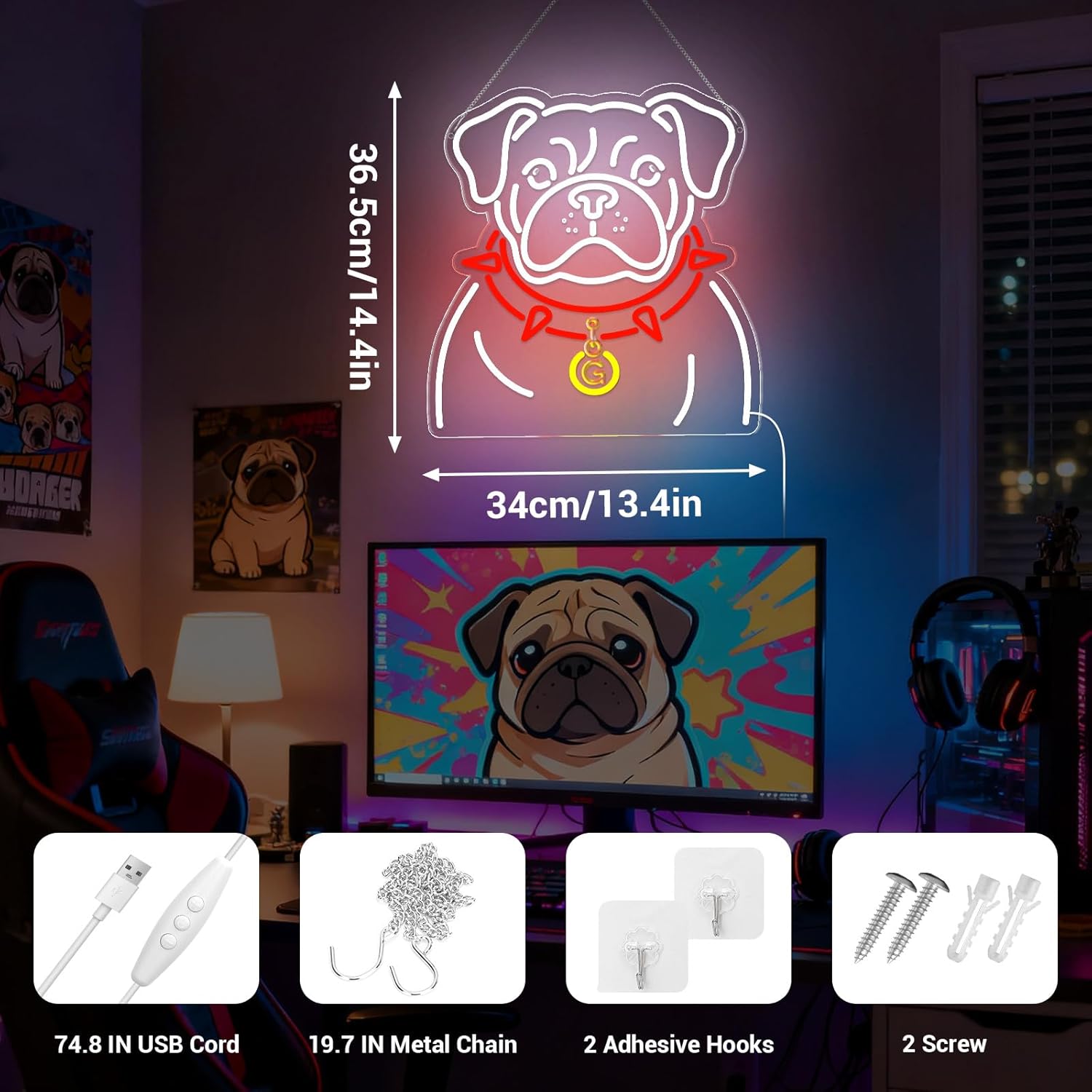 Neon Signs for Wall Decor, LED Neon Sign for Window Lights Bedroom Living Room Home Holiday Decorations (White- Bu dog)