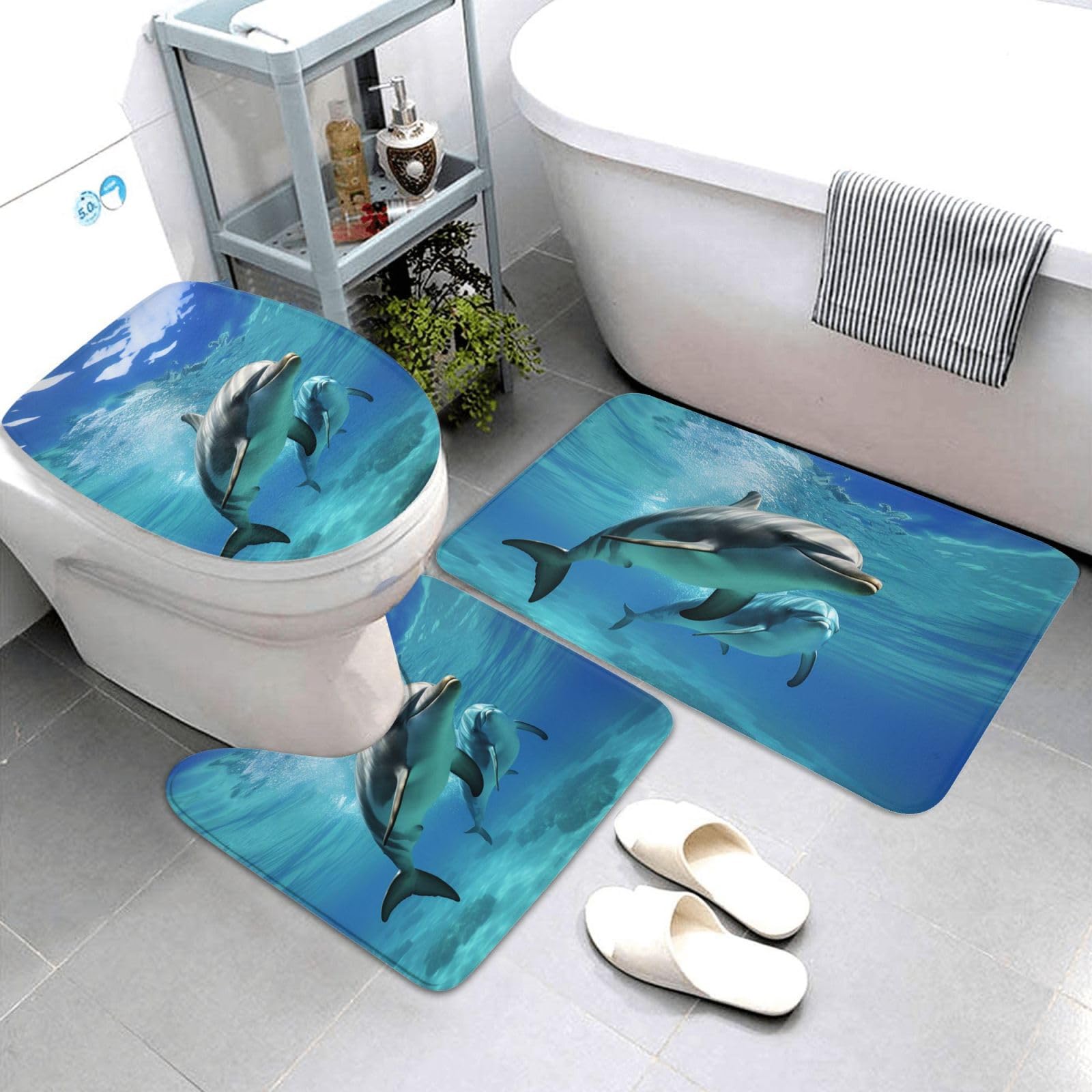 Set di 3 tappetini da bagno con delfino marino, in flanella, morbida, antiscivolo, con coperchio, per decorare la casa