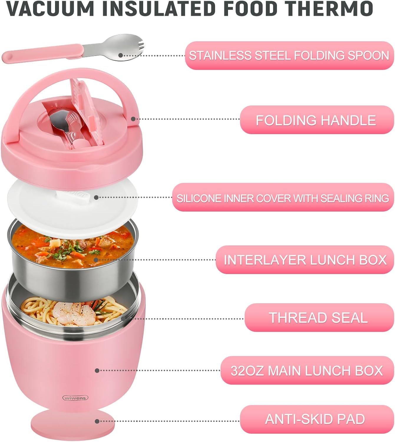 thermo food jar for hot food adults 32oz soup thermo lunch containers wide mouth vacuum insulated stainless steel leakproof bento box with spoon (pink2)