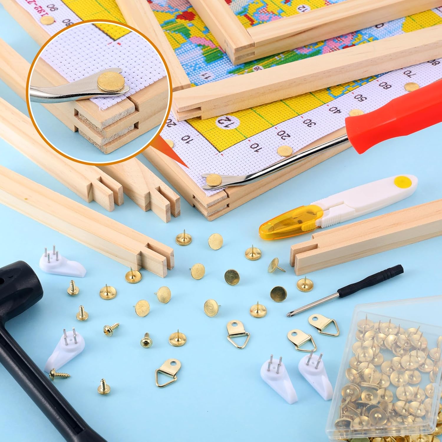 40 Pcs Needlepoint Stretcher Bars, 10 Sizes Wooden Canvas Stretcher Bars with Thumb Tacks and Remover Tool Set for Needlework Embroidery Stitch, DIY Needlepoint Frame Gift for Embroidery Enthusiast
