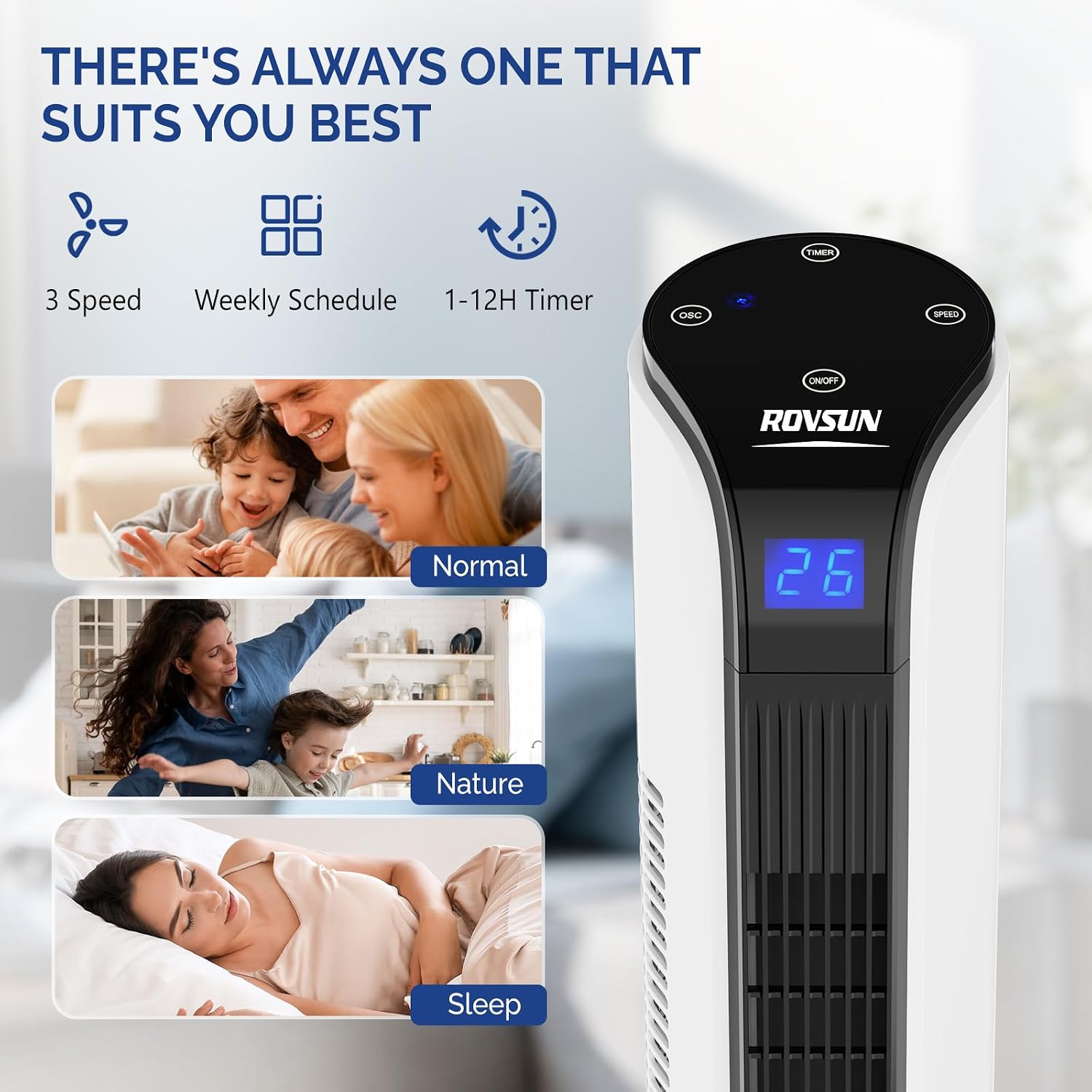 ROVSUN 42" Tower Fan with APP & Remote Control, Smart Floor Fan with 3 Modes 3 Speeds & Digital Display, Bladeless Standing Fan with Oscillating, 12H Timer, Quiet Fan for Cooling Bedroom, Home, Office