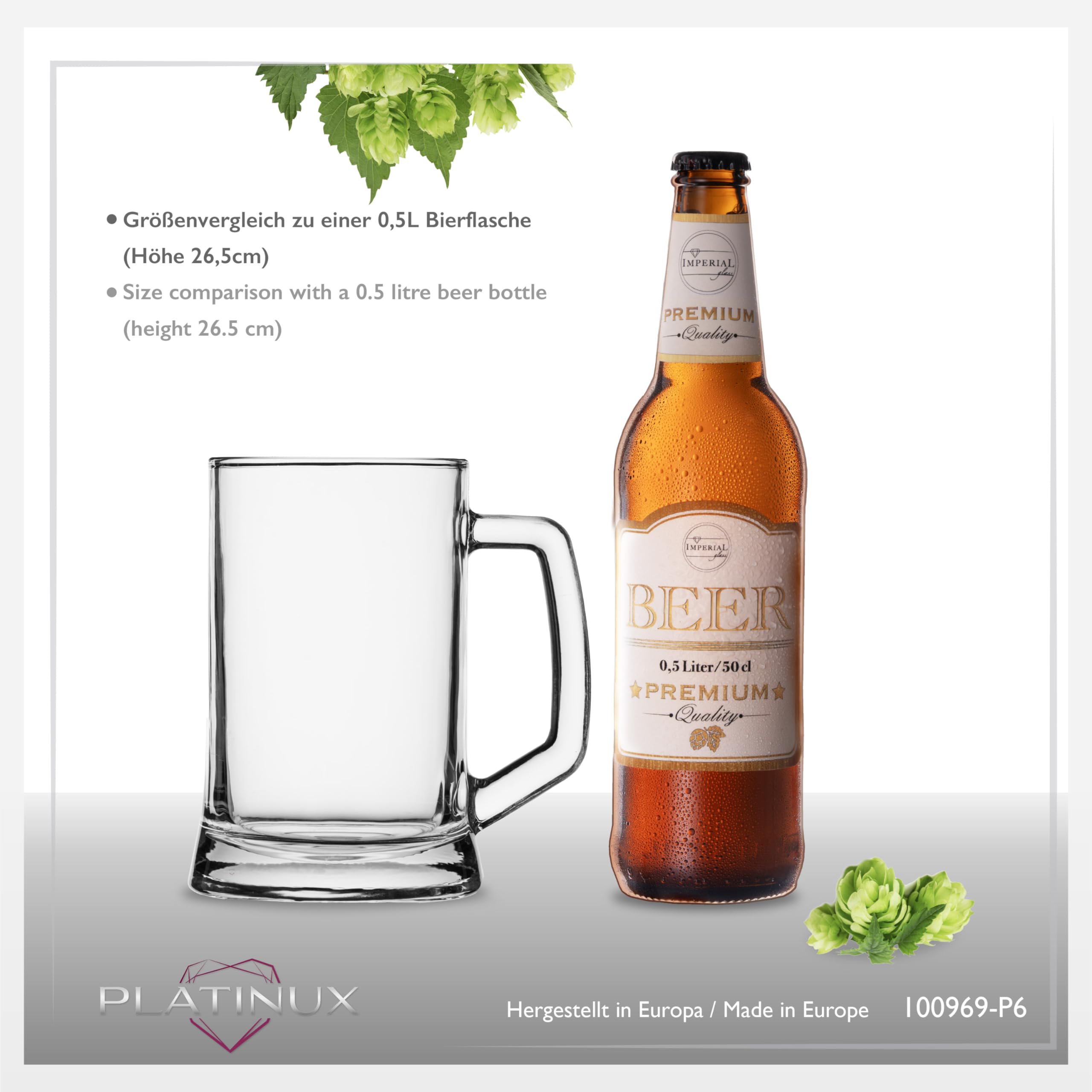 PLATINUX vasos de cerveza de 0,5L con asa juego de jarras de cerveza 6 piezas con patrón de ornamento, clásico