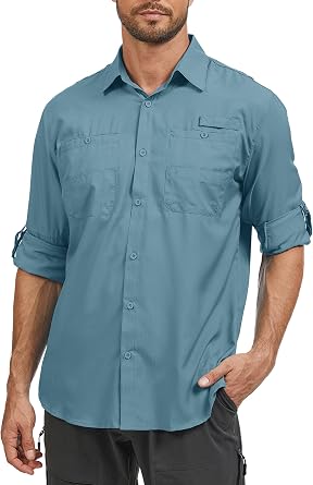 Mens Safari Shirt Long Sleeve UPF 50+ Sun Protection Fishing Shirts Men,Convertible Cuffs Hiking Shirts for Men