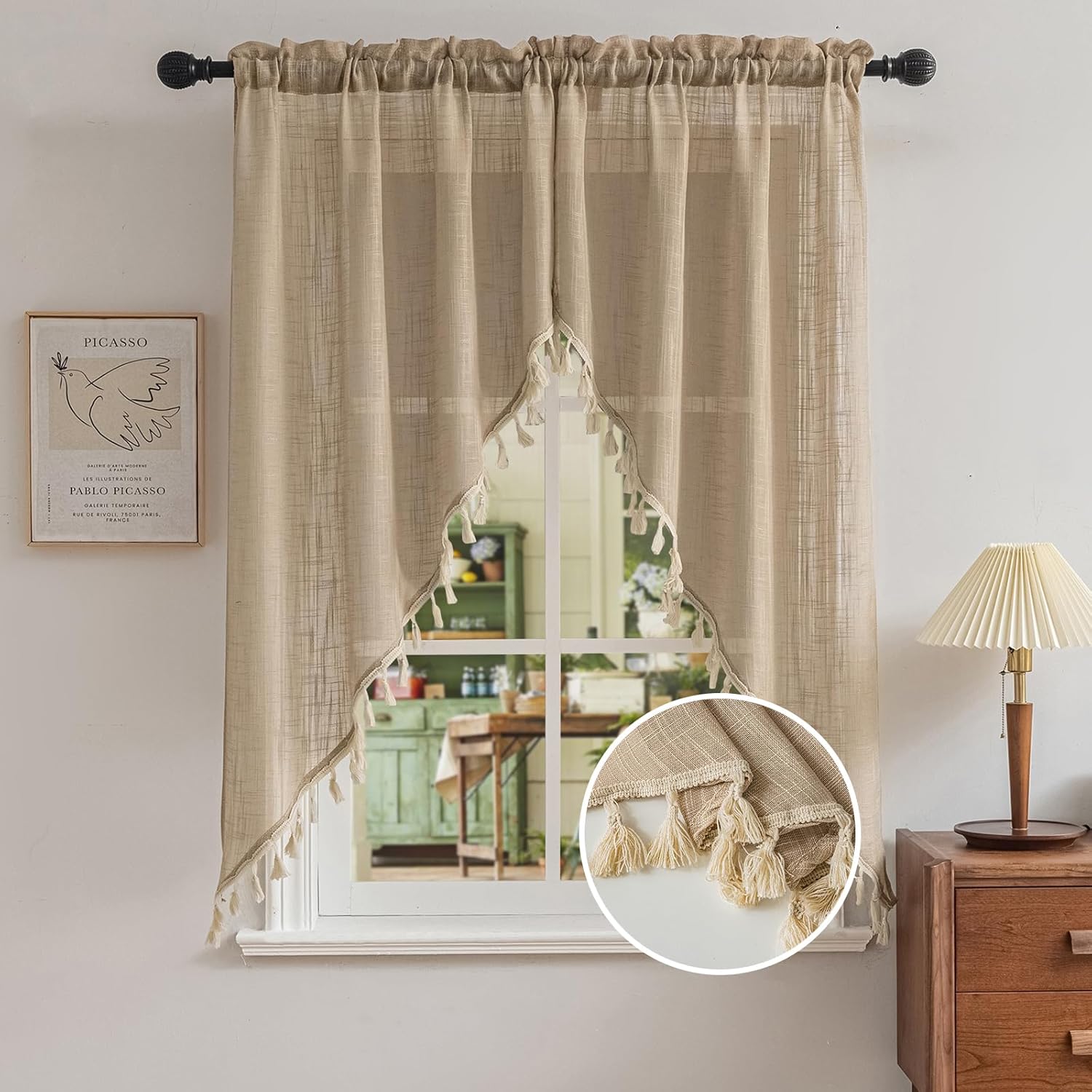 Beda Home Tassel Linen Textured Swag Curtain Valance for Farmhouses’ Kitchen; Light Filtering Rustic Short Swag Topper for Small Windows Bedroom Privacy Added Rod Pocket Design (36W x 63L, Brown)