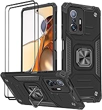KANSi Coque pour Xiaomi 11T Pro 5G / Xiaomi 11T 5G, Verre Trempé [2 Pièces] + Housse TPU Silicone Rotation 360° Aimant Anneau Support Double Défense Protection Etui - Noir