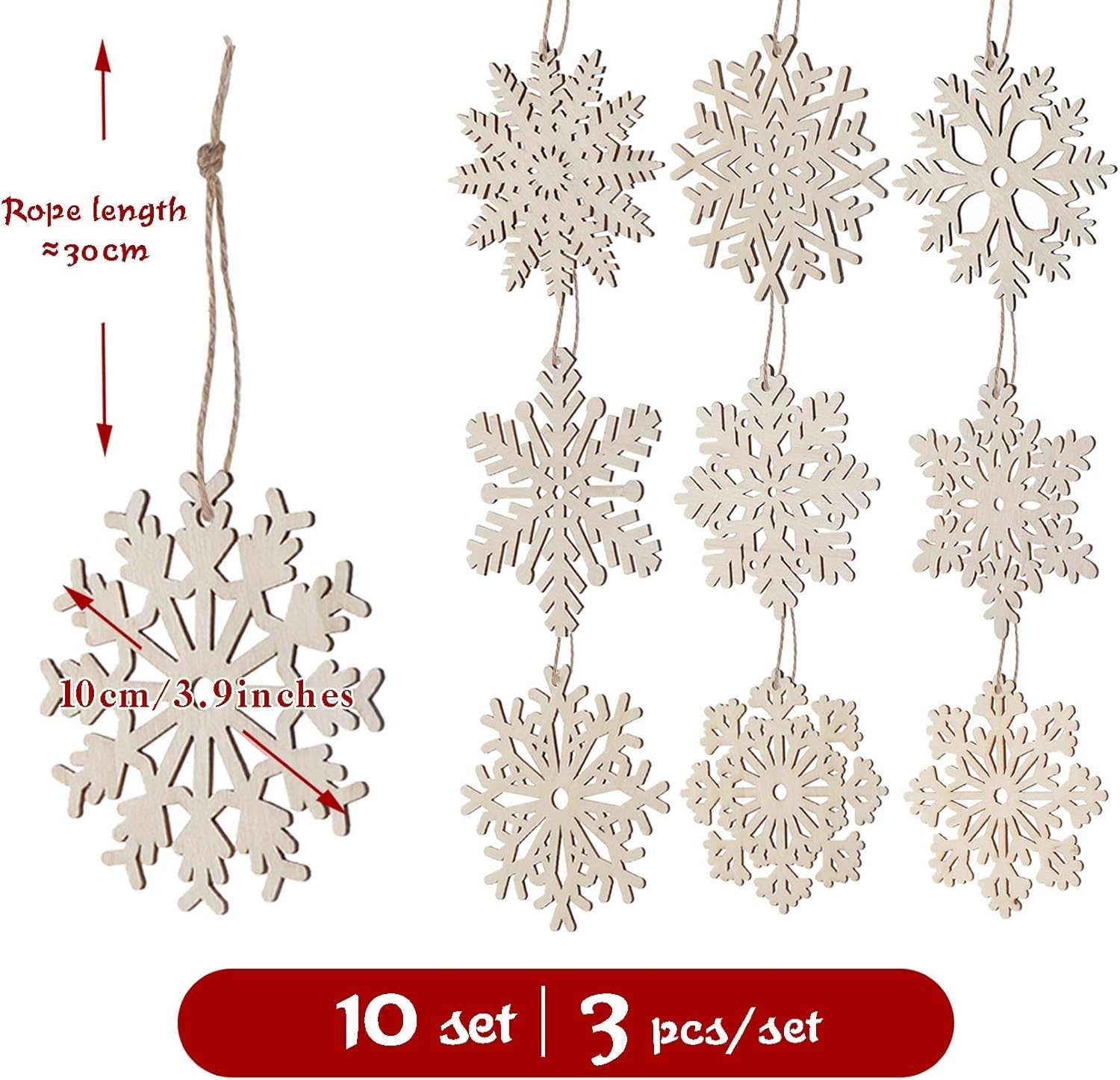 ilauke 30 Copos de Nieve de Madera, 10 Estilos Ahuecados Con Cuerda, Manualidades Adornos Colgantes para Árbol y Decoración de Navidad de Bricolaje