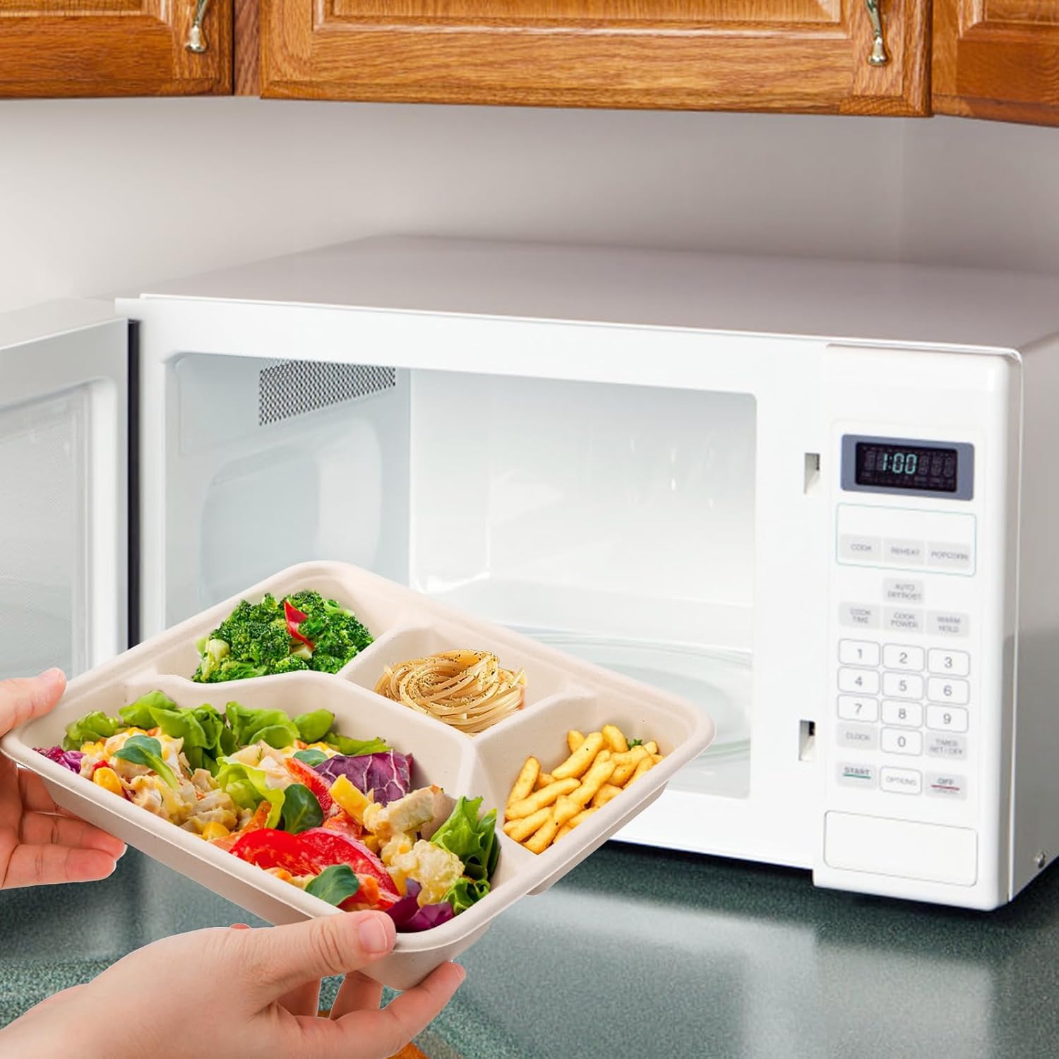 TOPZEA 50 Pack 4 Compartment Disposable Paper Plates, 9.4"x 8.6" Compostable Deep Divided Plates Heavy Duty Bagasse School Lunch Tray, Sugarcane Sectional Plate Food Containers for Dinner Buffet Party - Image 7