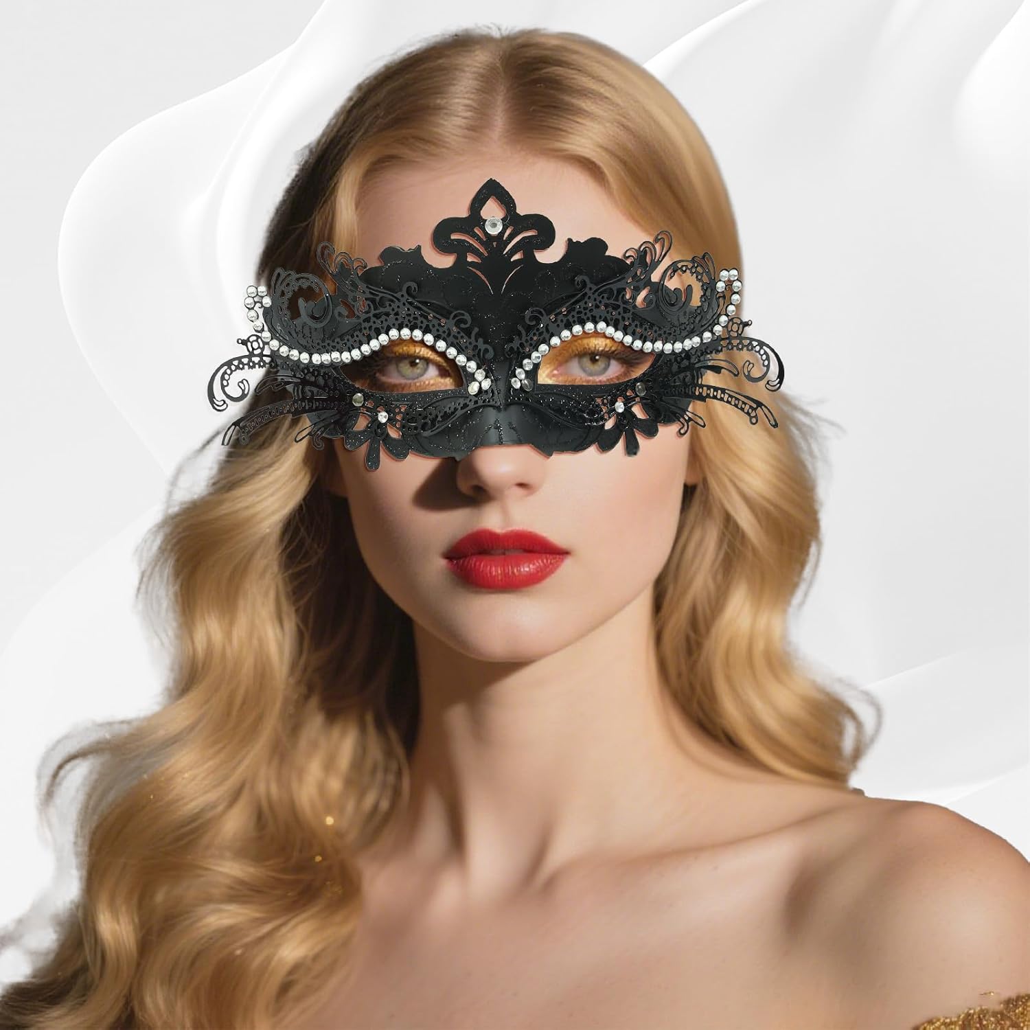 Masquerade Mask for Couples Set, Metal Filigree Shiny Rhinestone Mardi Gras Mask for Prom Ball Costume Party - Image 7