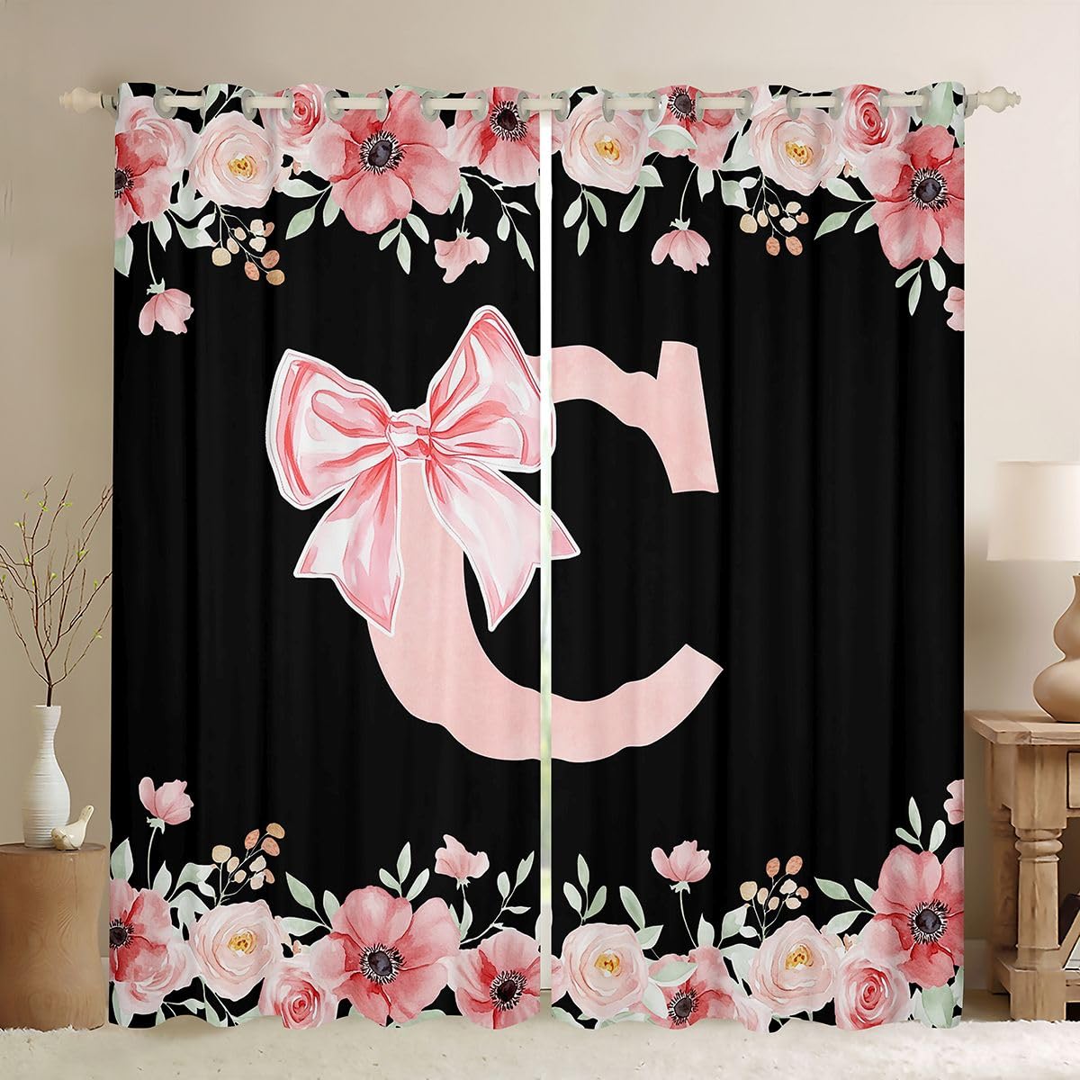 Rideau occultant rose 117x183 cm personnalisé initiale C Homewish