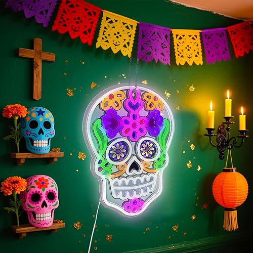 Letrero de neón del Día de los Muertos, decoración de Halloween, letrero LED de calavera para decoración de pared, letrero de neón de fiesta para