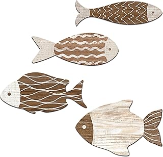 4 Pieces Wooden Fish Wall Decor Set, 12 Inch Coastal Wall Art for Bathroom, Beach House, Family Rooms - with Hooks & Adhesive Pads (Brown)