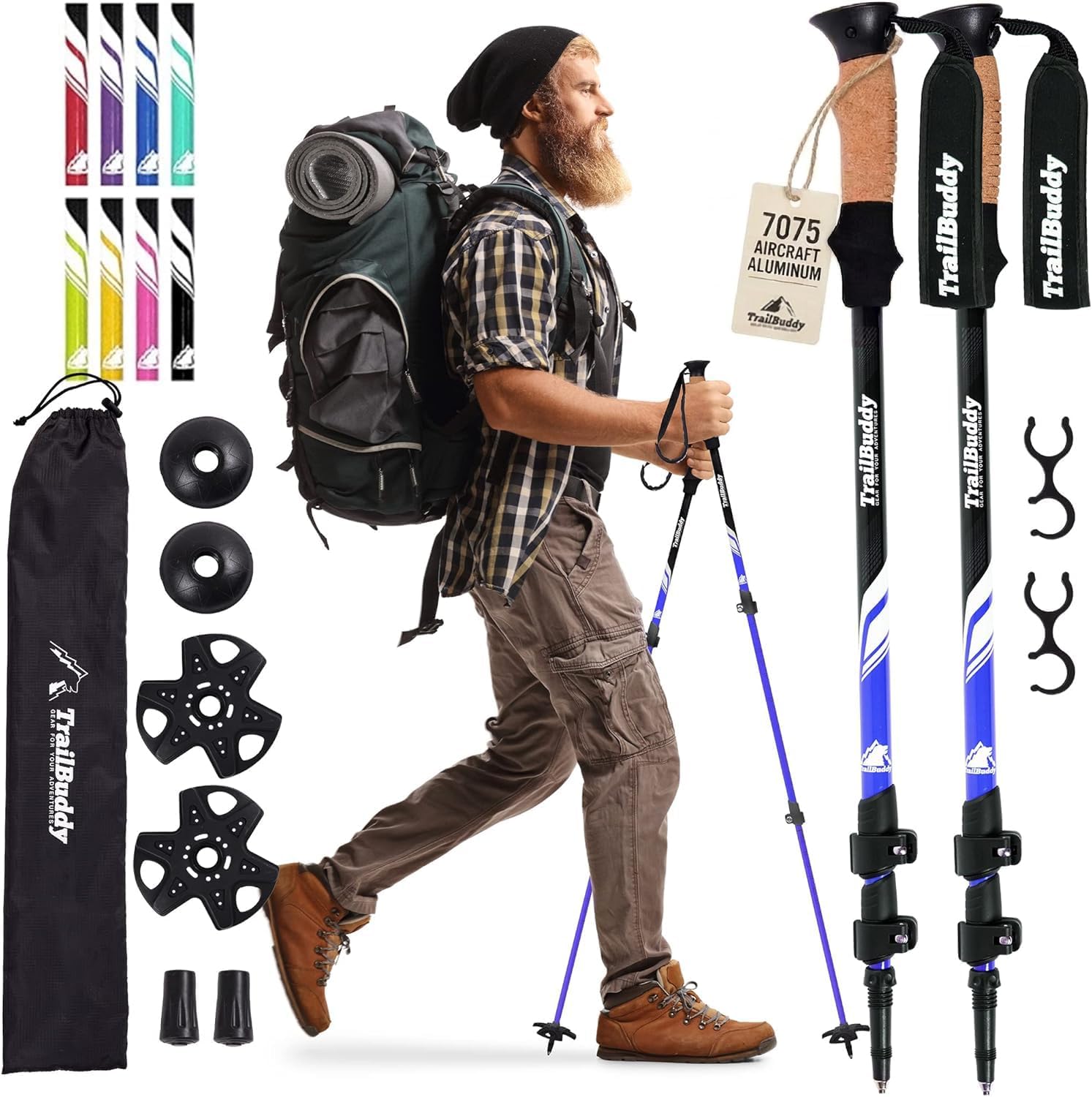 TrailBuddy Trekking Poles – Lightweight 7075 Aluminum Hiking Poles for Women, Men & Seniors – Collapsible or Foldable Walking Sticks for Travel, Trails & Balance