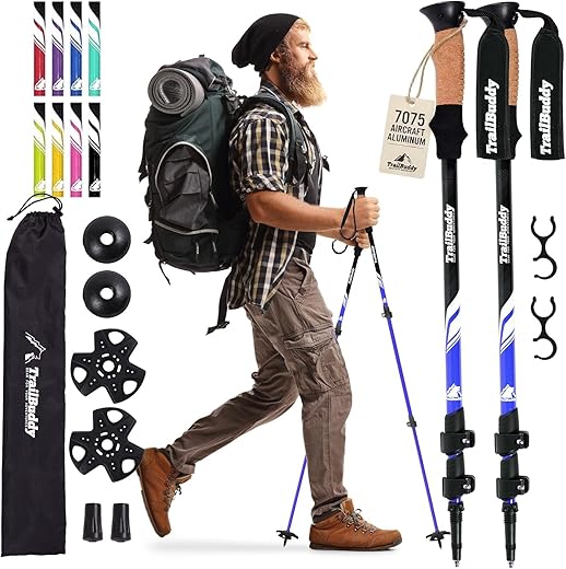 TrailBuddy Hiking Poles - Adjustable Trekking Sticks - Flip-Lock Walking Pole 2 Pck - Strong, Lightweight Aluminum Collapsible Baton w/ Cork Grip & Padded Strap