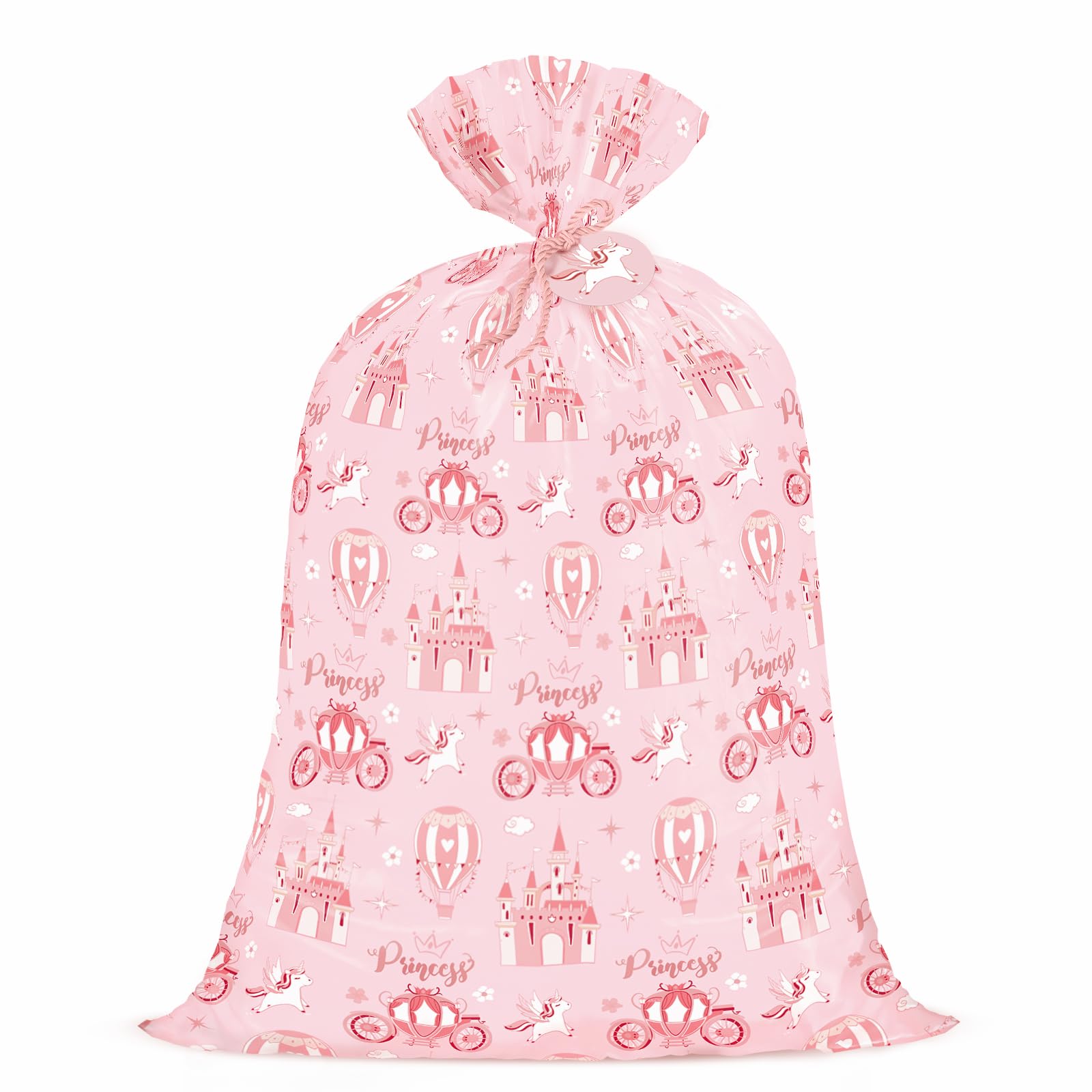 WRAPAHOLIC 56" Extra Large Princess Plastic Gift Bag - Princess Castle Design Pink Jumbo Bike Bag Gift Wrap for Kids Girls Birthday and Baby Girl Shower - 56" H x 36" W