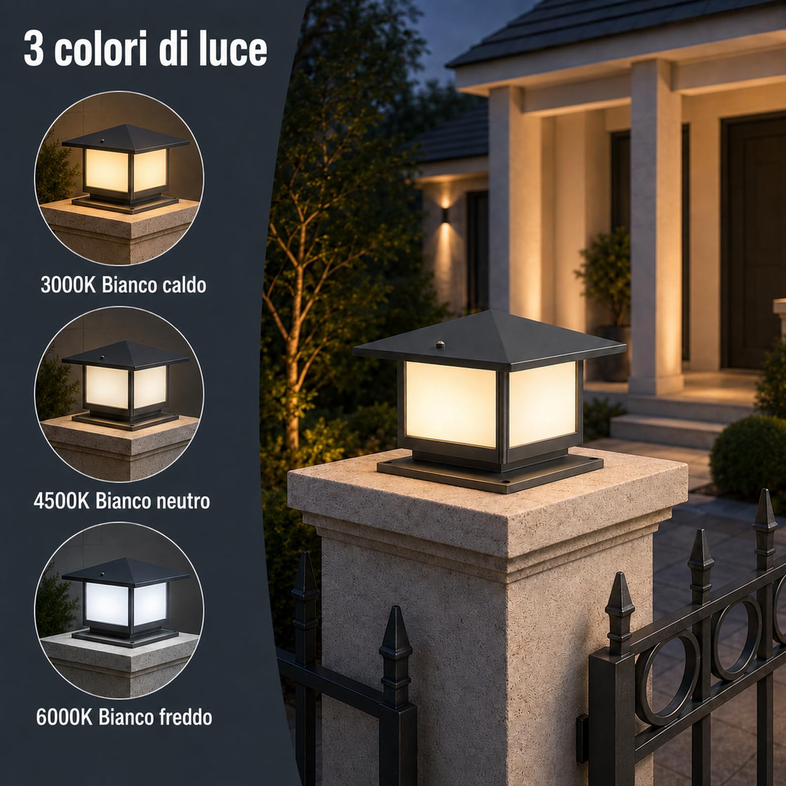 Lampione da Giardino Esterno E27 con Lampadina LED 12W Inclusa, 3 Colori 3000K/4500K/6000K, Lampioncino da Esterno in Alluminio IP45, per Vialetto Patio Terrazza, Grigio
