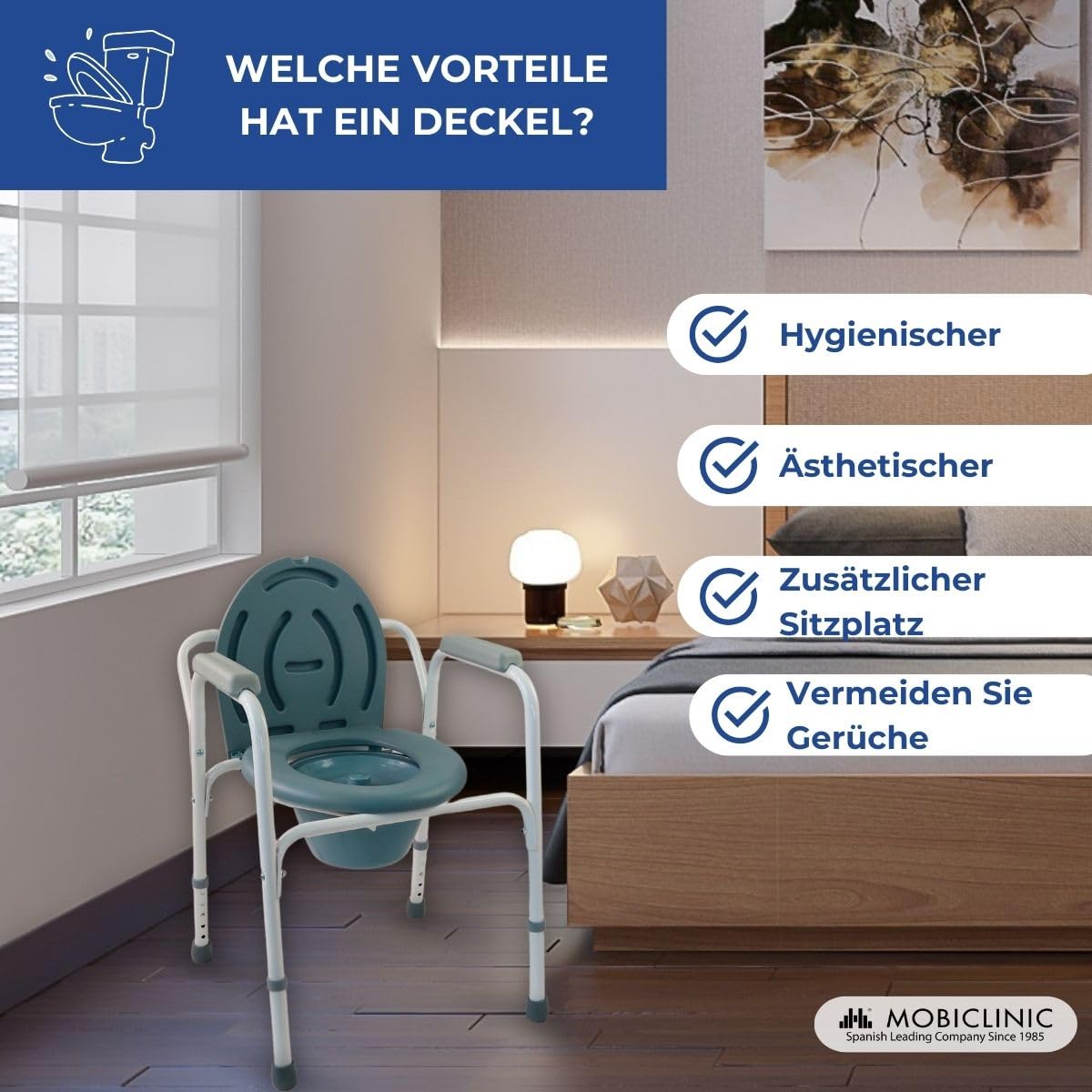Mobiclinic®, Toilettenstuhl, Mit Deckel, Herausnehmbarer Eimer, Verstellbar in 5 höhen, Modell Arroyo, rutschfeste fußkappen, Armlehnen, Trägt bis zu 100 kg, Stuhl Toilette, Stahl