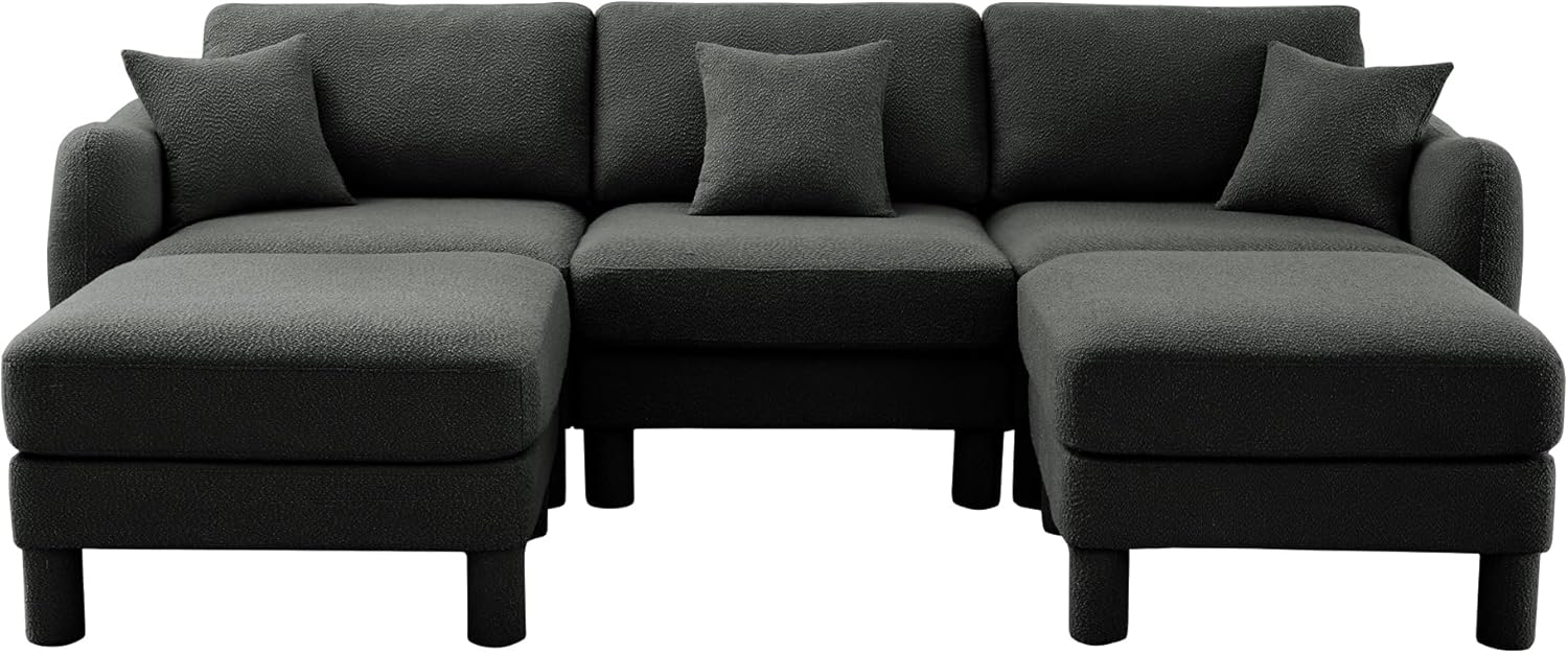 109" 3-Seater Boucle Fabric U-Shape Sectional Sofa, Shell-Shaped Armrest Couch with 2 Movable Ottomans, Self-Fabric Wrapped Cylindrical Leg Sofa for Living Room, Dark Gray