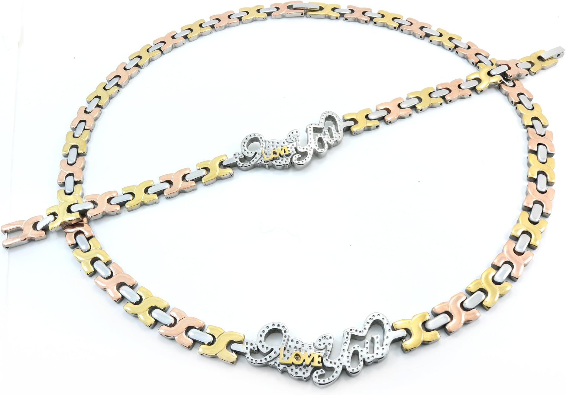3 TONE I LOVE YOU HUGS AND KISSES NECKLACE AND BRACELET SET XOXO STAINLESS STEEL WITH DIAMOND CUTS