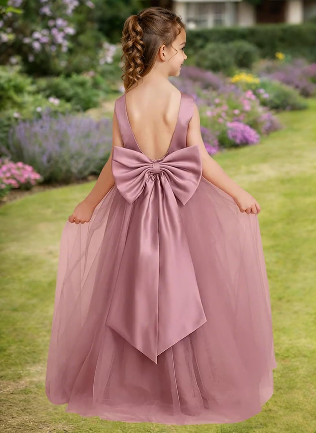 Long Satin Flower Girl Dress for Wedding Glitter Tulle Prom Pageant Party Dress with Bow
