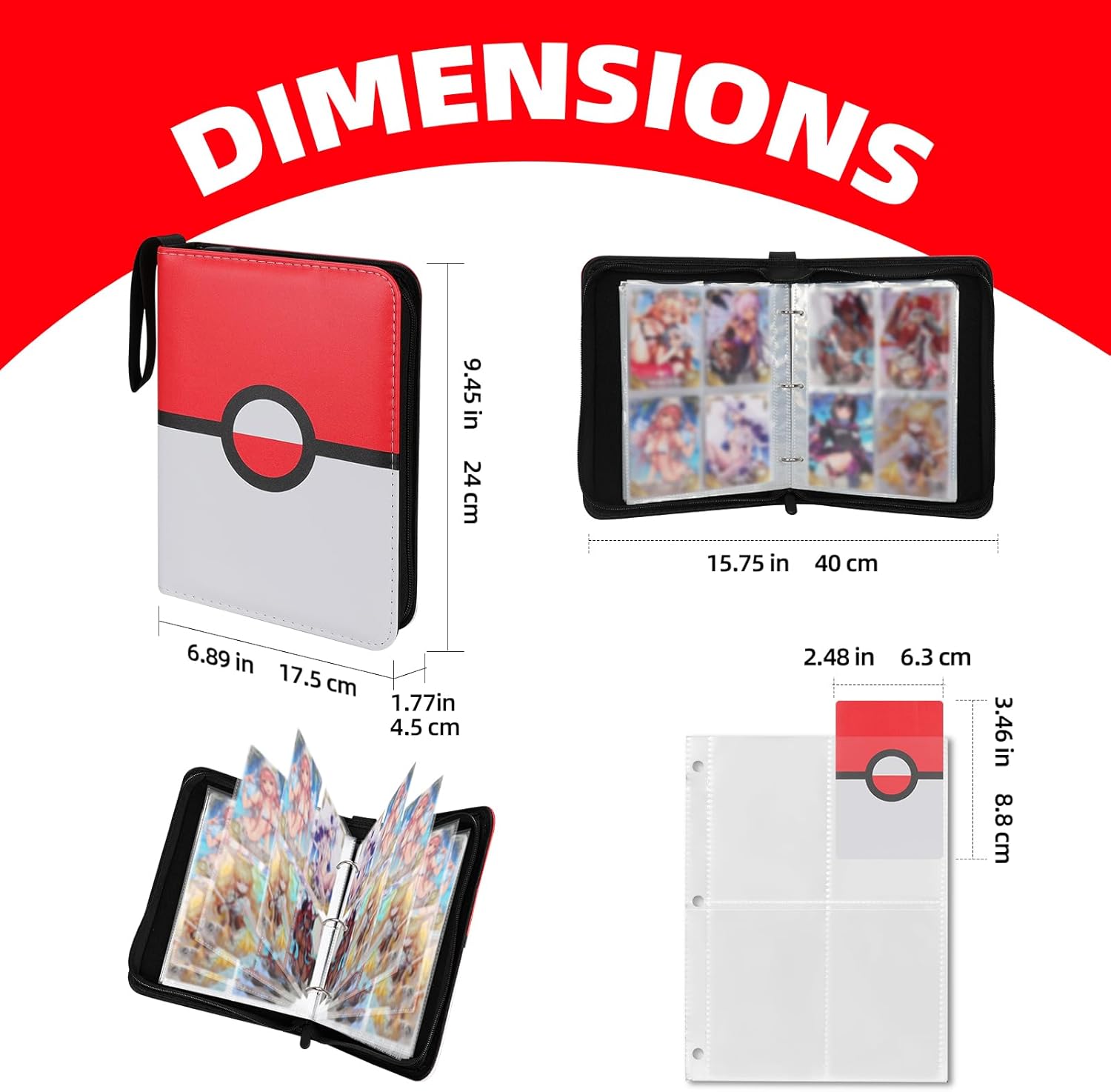 Collectible Trading Card Albums,4 Pocket Card Binder, 400 Double Sided Pocket,PU Premium Zip Trading Card Binder for TCG, MTG,Sports Cards (Red White)
