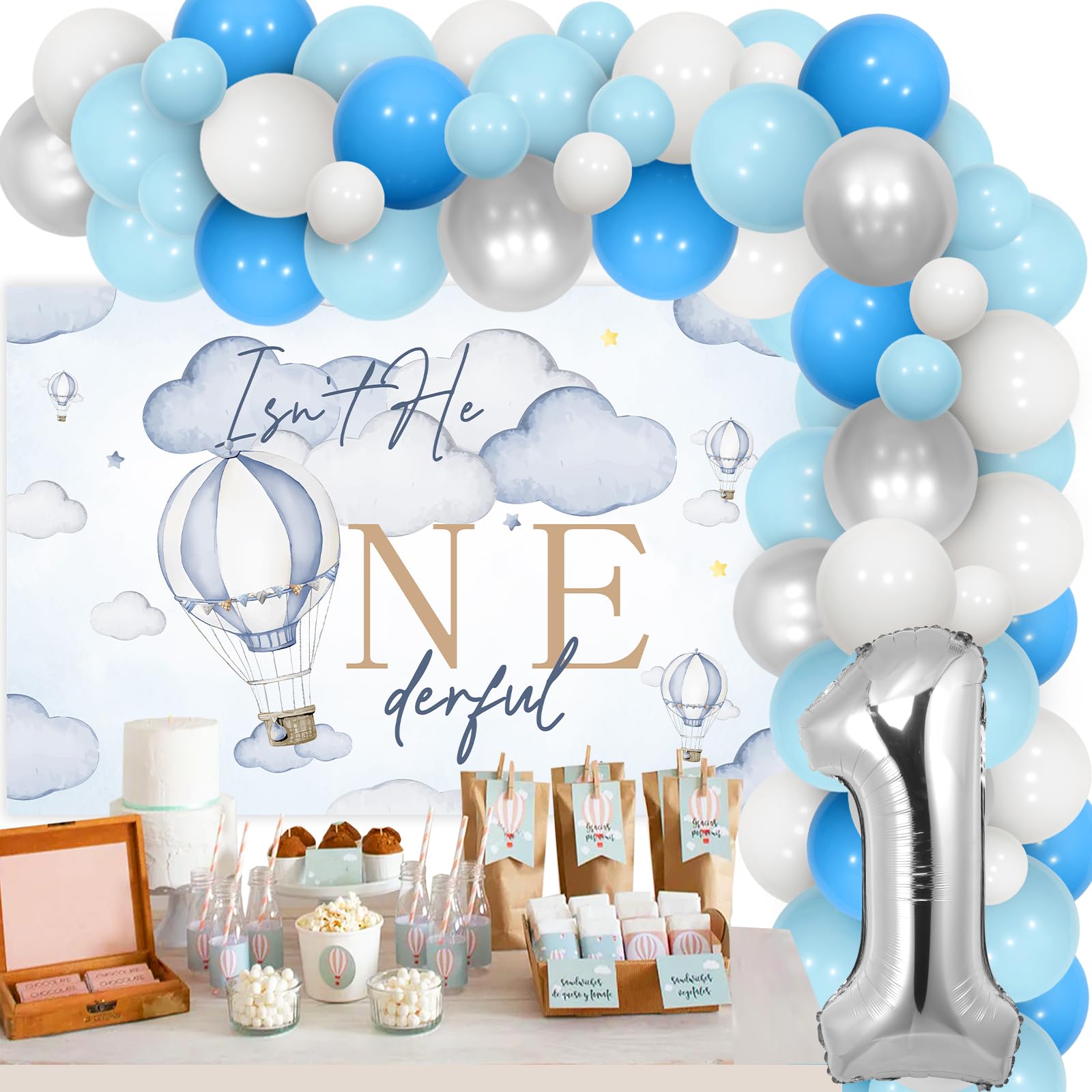 Hot Air First Birthday Decorations for Boys Isn't He Onederful Birthday Decorations Hot Air Backdrop Balloon Arch Kit Blue Baby Boy 1st Birthday Decorations Onederful Blue Clouds Hot Air Decoration