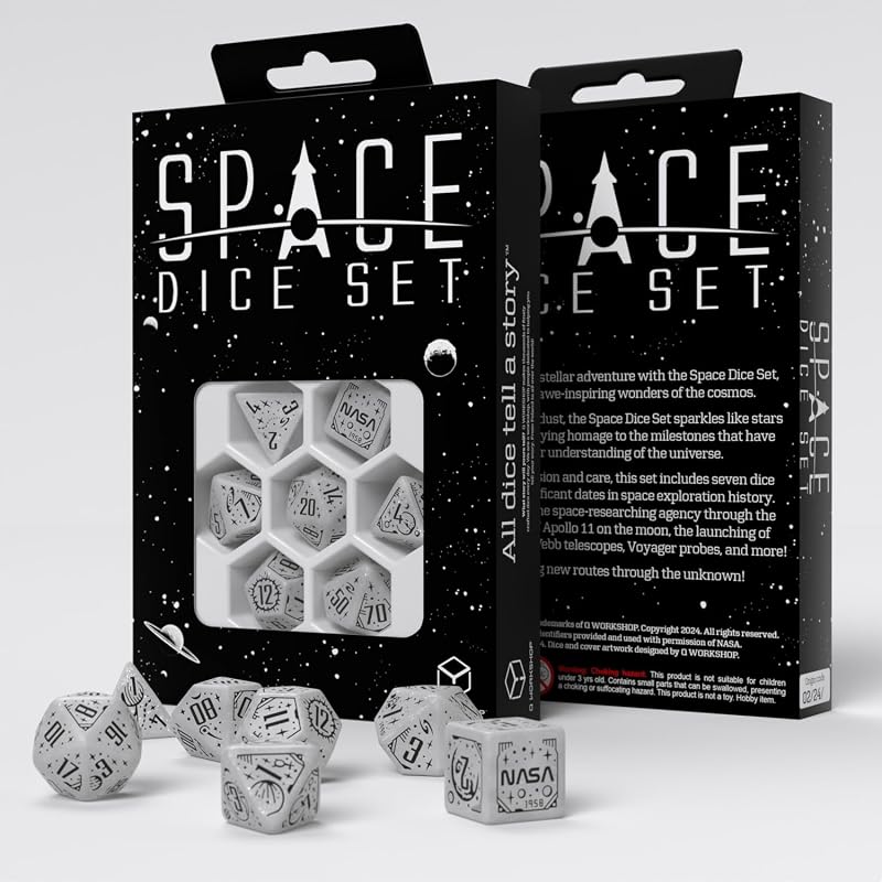 Juego de dados espaciales Apollo de Q-Workshop – Juego de dados RPG inspirado en el Apolo de la NASA – Blanco brillante con grabados en negro – Perfecto para juegos de mesa y juegos de rol – 7 dados poliédricos (D4, D6, D8, 2D10, D12, D20) | Blanco brillante con grabados en negro, perfecto para juegos de mesa y juegos de rol, 7 poliedros (D4, D6, D8, 2D10, D12, D20)