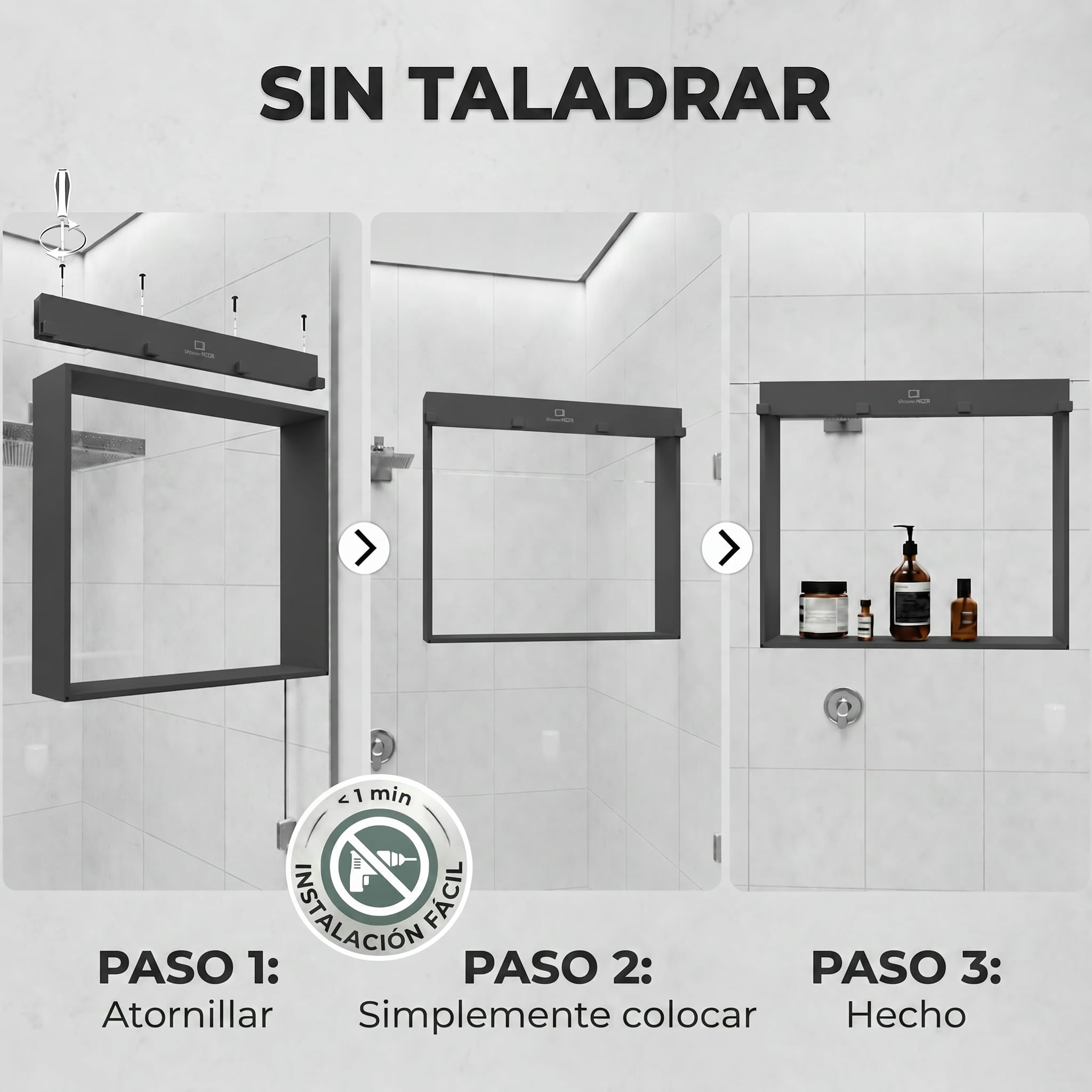 ShowerNIZR Estante de ducha Granite Grey Estante de ducha sin taladro | para colgar en mampara de vidrio de acero inoxidable con 4 ganchos orden sin obra baño sereno y limpio línea depurada