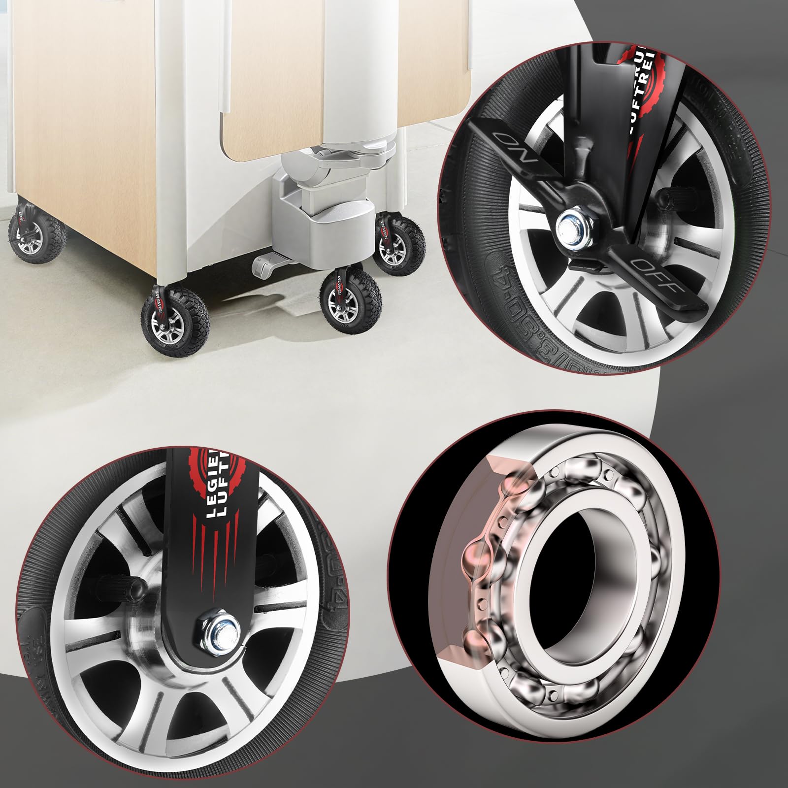 4 pièces de roulettes avec frein Ø 250 x 90 mm, roue pneumatique silencieuse sur roues en alliage d'aluminium avec amortisseur, pour chariot à bras et chariot de transport, capacité de charge 510 kg