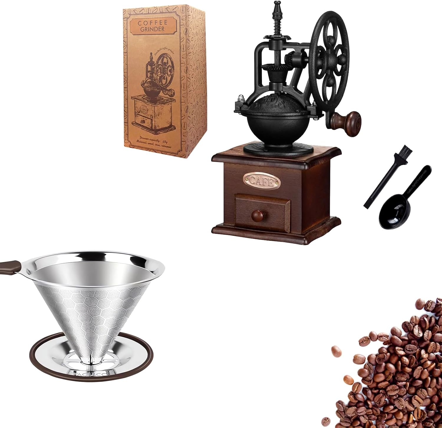 Manual Coffee Grinder +Pour Over Coffee Dripper,Stainless Steel Coffee Filter