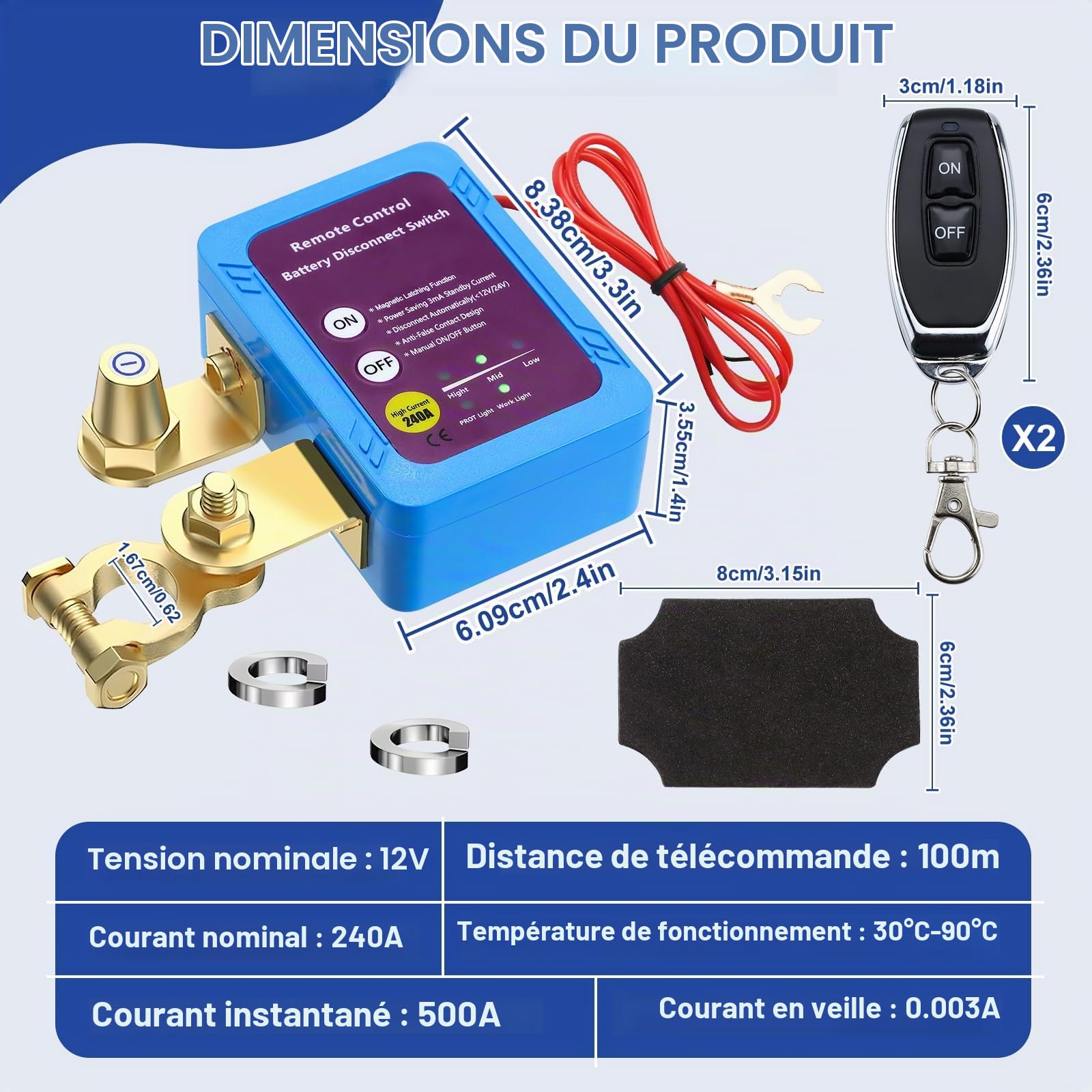 Disjoncteur de Batterie Télécommandé Sans Fil, Kill Switch Anti-vol | Coupe Circuit Batterie 12V, 240 A Interrupteur d'Arrêt Automatique avec Affichage LED, pour Voiture, RV, ATV, Camion, Bateau