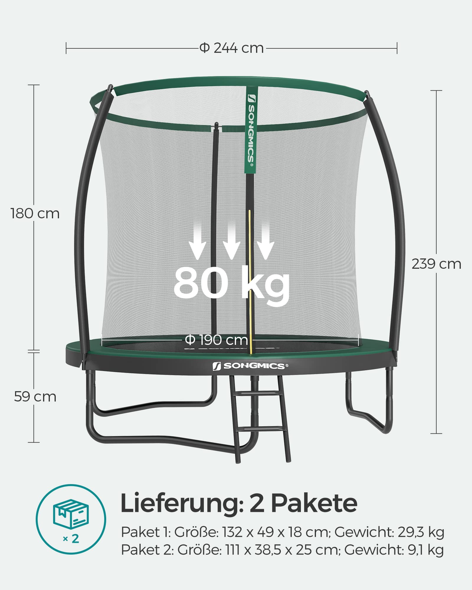 SONGMICS Trampolin Outdoor Ø 244/305/366/427 cm, rundes Gartentrampolin Kindertrampolin mit Sicherheitsnetz, Randabdeckung, Leiter und gepolsterten Stangen