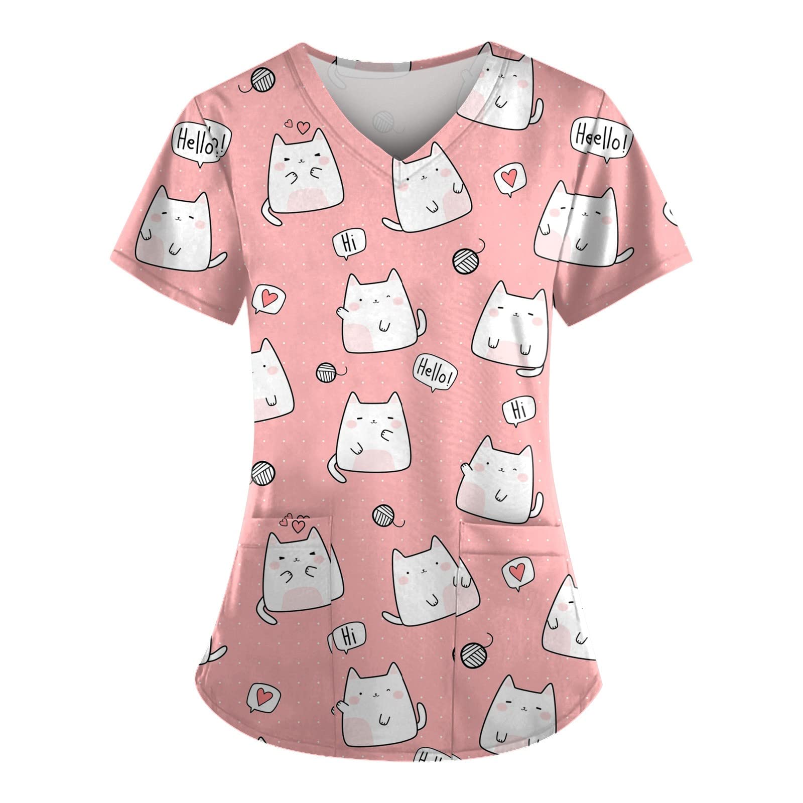 Womens Scrubs Tops Animal Printed Nurse Uniforms Cartoon Scrubs Pediatric Short Sleeve V Neck Scrub Tops with Pockets