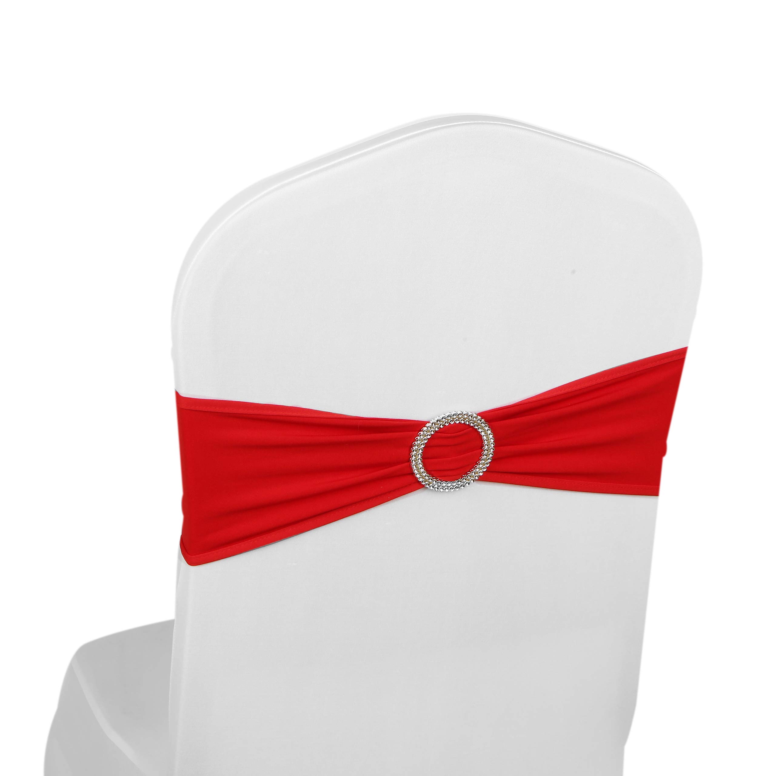 Elastic Stretch Spandex Chair Covers Sashes Bands With Buckle Bows 50PCS, Red