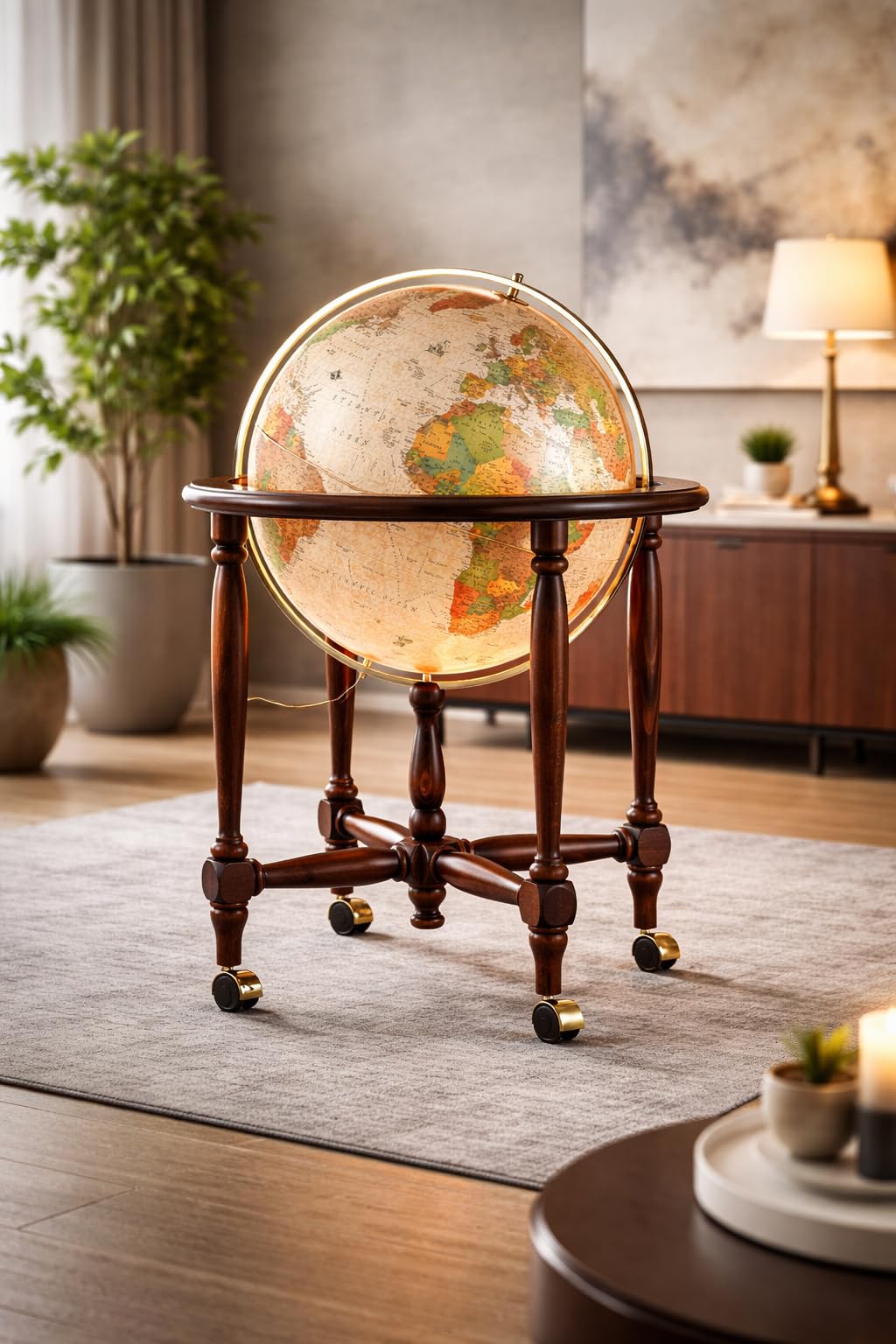 Mappamondo Luminoso da Terra, Stile Antico, Base in Legno di Faggio su Ruote, Diametro 50 cm, Altezza 103 cm Cinthia Antique - Progressio