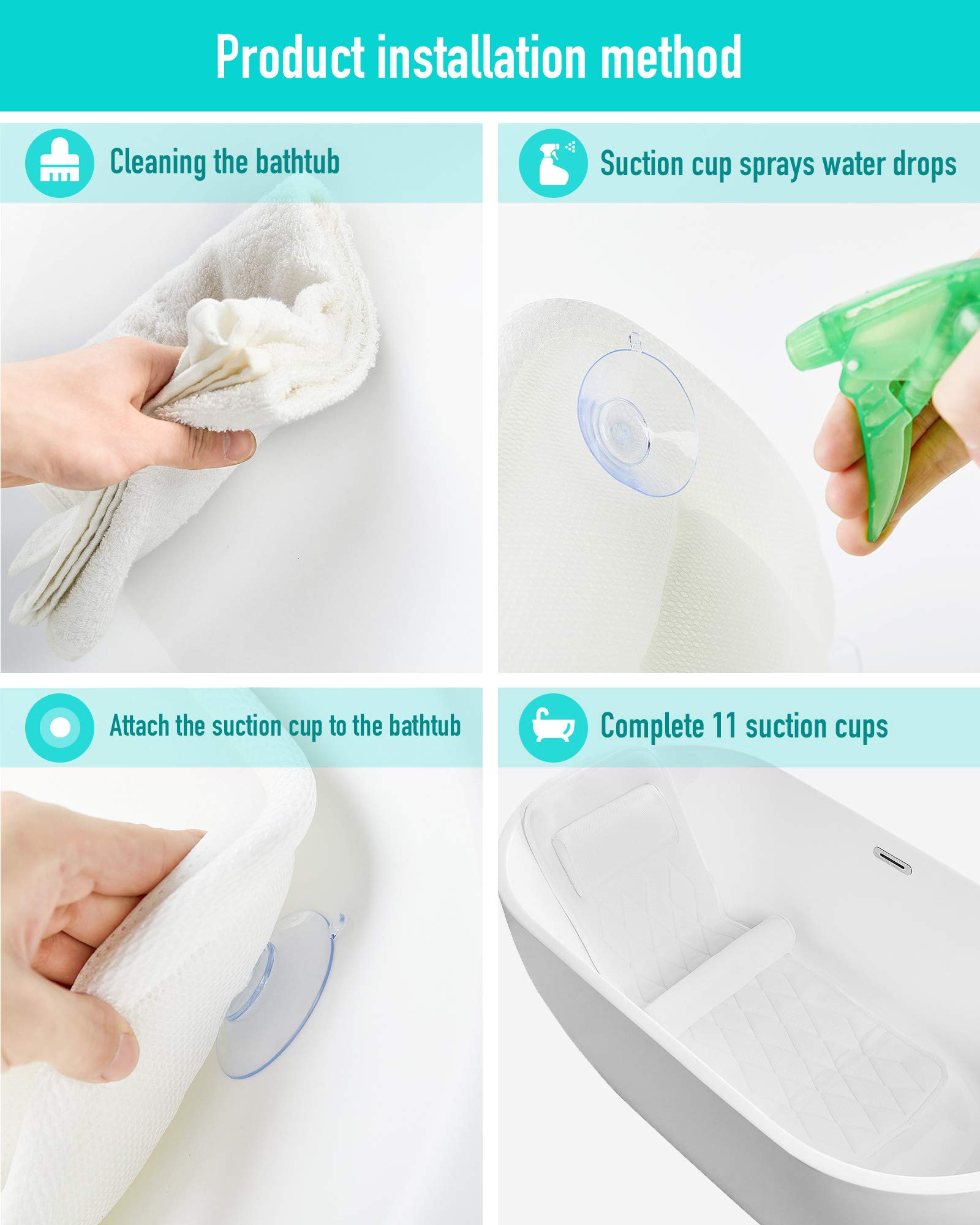 Badewanneneinlage Mit Kissen, Ganzkörper Badematte Kissenmatte mit 3D-Air-Mesh-Technologie 11 Saugnäpfen für Badewanne Badewannenkissen