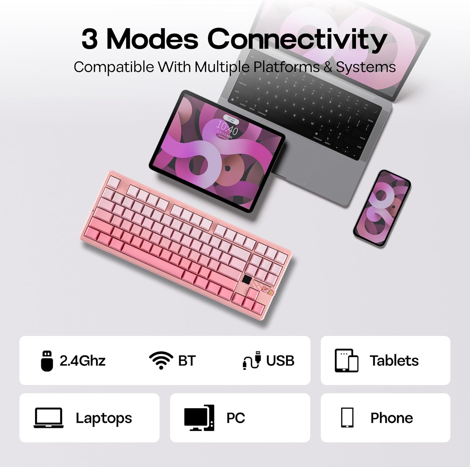 MechLands Aula F87 PRO V2 Wireless Gaming Keyboard with 10000mAh Battery, 8K Polling, SOCD/MT/TGL, BT/2.4GHz/Wired, Hot Swap TKL Mechanical Keyboard with Creamy Gasket, RGB Backlit (Pink Gradient)