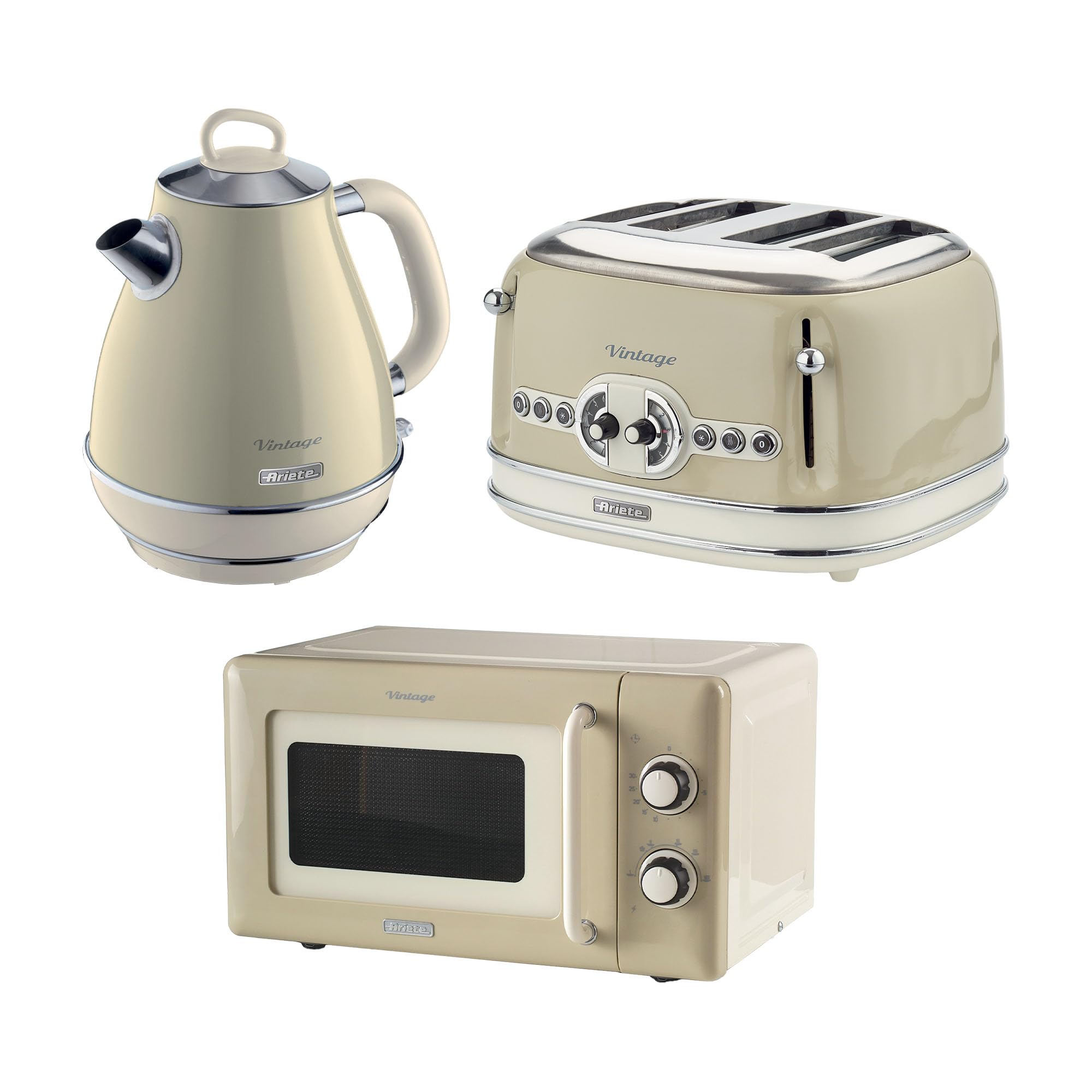 Ariete Vintage Breakfast Set, Retro 4-Slice Toaster with 6 Browning Levels, 2000W Fast-Boil 1.7L Kettle & 800W Microwave, Cream