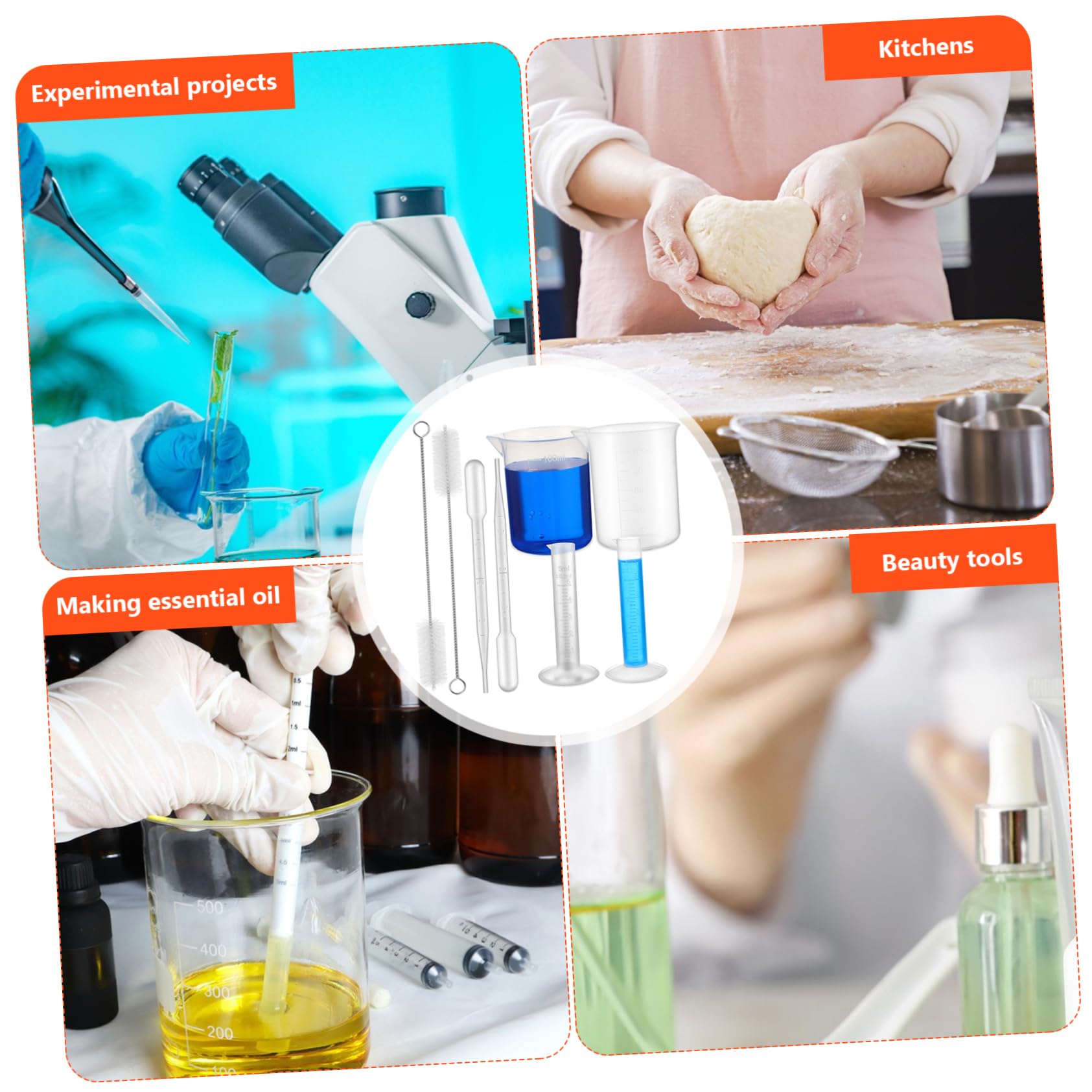 PartyKindom 3sets Cilindri Graduati e Becher Plastica Con Pipette Trasferibili e Spazzola Per Provetta Strumenti Di Misurazione Per Laboratorio e Cucina Capacità Elevata Resistente Solventi