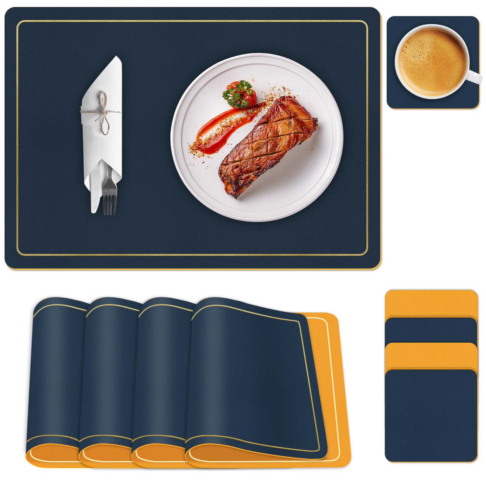 Beijie Blue Yellow Table Mats Set Of 4, Leather Non-Slip Washable Wipeable Placemats And Coaster Sets 4, Large Dual-Sided Heat-Resistant Place Mats Easy To Clean For Children, 43 * 30 * 0.2Cm, Navy Blue And Yellow