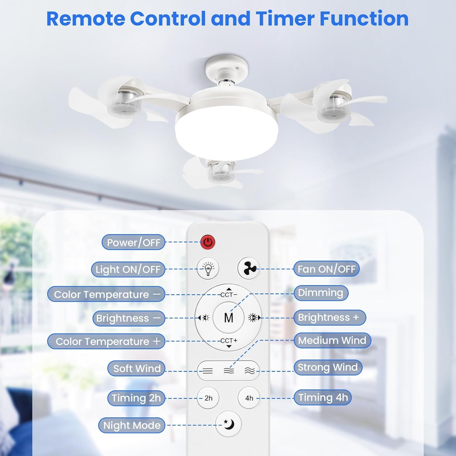 Dimmbar LED Lampe mit Ventilator, Deckenlampe mit Ventilator Leise, Timing, 50W 3-Gang Deckenventilator mit Licht und Fernbedienung (inkl. Lampenfassung E27 mit Verlängerung) für Schlafzimmer Wohnung