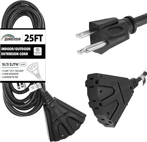 Cable de extensión para exteriores de 25 pies con 3 tomas de corriente eléctrica, cable negro duradero SJTW de 163 con enchufe a tierra de 3