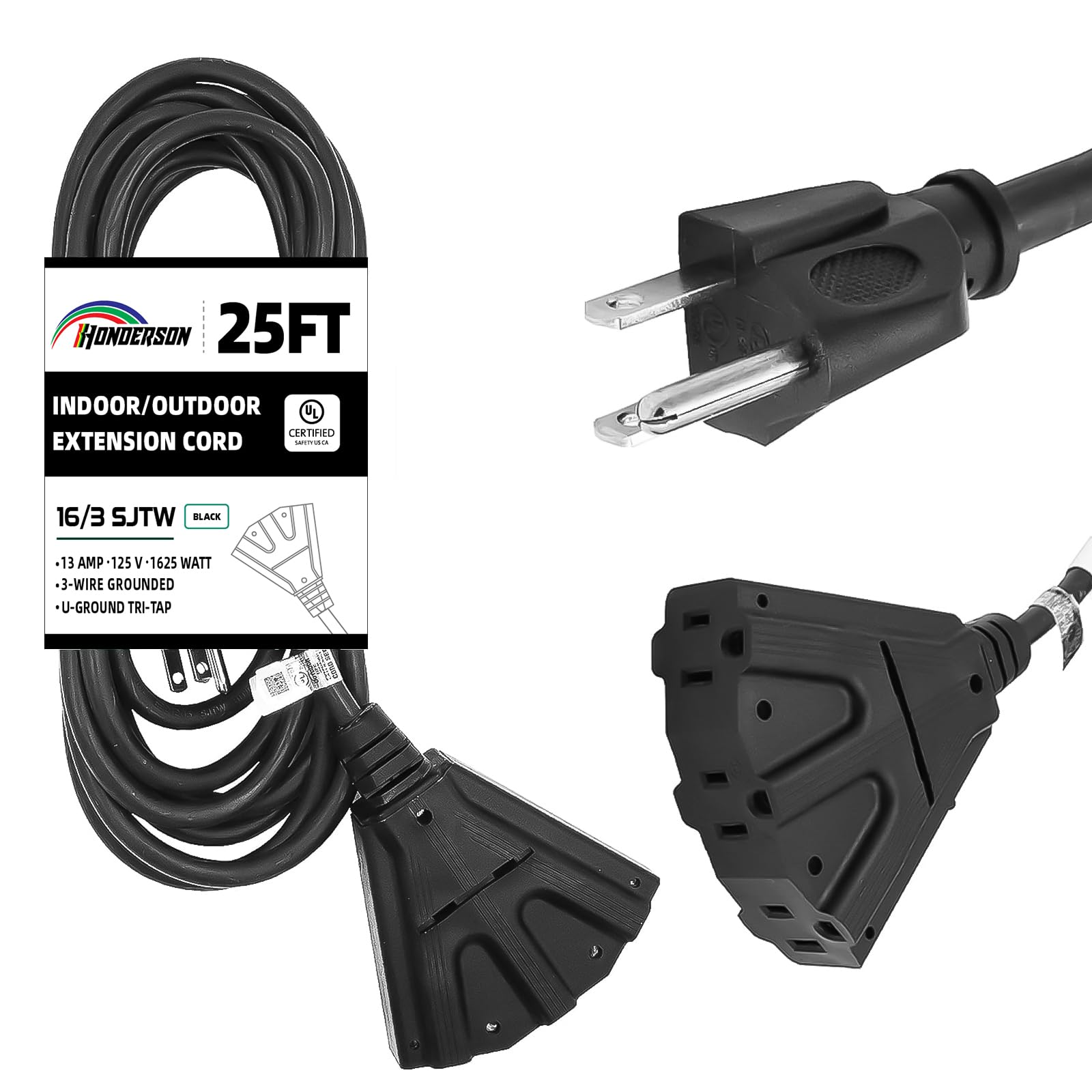 HONDERSON 3-Outlets Indoor Outdoor Extension Cord Weatherproof, UL Listed, 16 Gauge 25FT Black 3 Prong Heavy Duty, 16/3 SJTW 13A Power Cord
